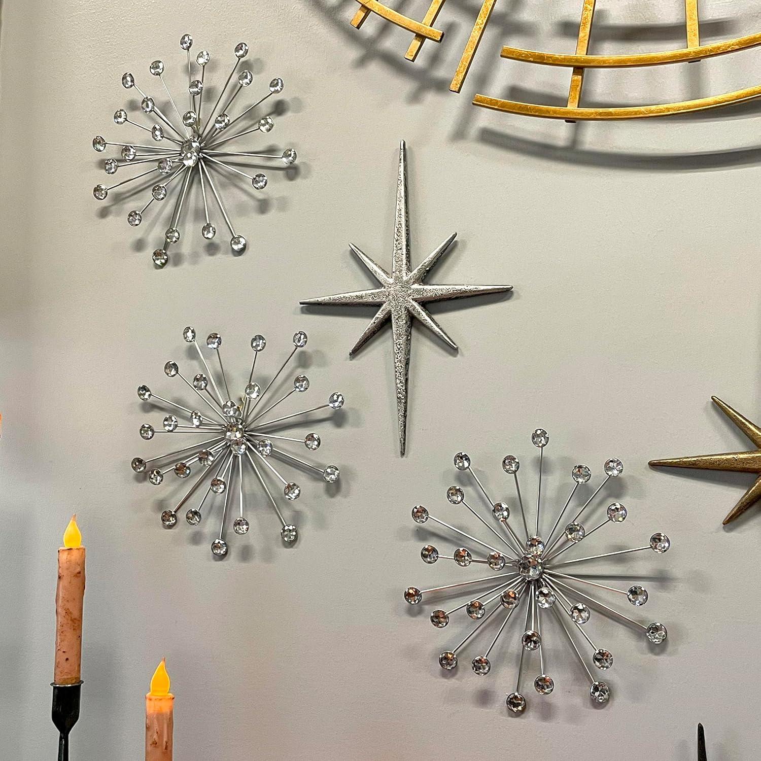 Elico Ltd. Zeckos Silver Metal Jeweled Starburst Hanging Wall Décor Set of 3