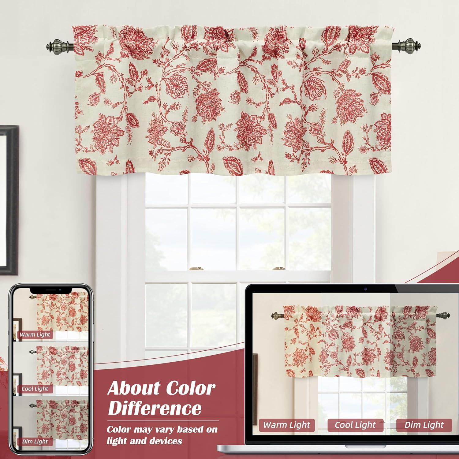 DriftAway Freda Jacobean Floral Linen Blend Blackout Thermal Insulated Energy Saving Privacy Window Curtain Valance Rod Pocket 2 Layers Single 52 Inch by 18 Inch plus 2 Inch Header Red Beige