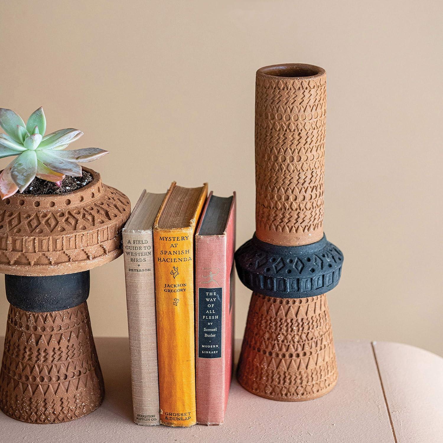 Storied Home Handmade Debossed Terra-cotta Vase, Terra-cotta Color & Black