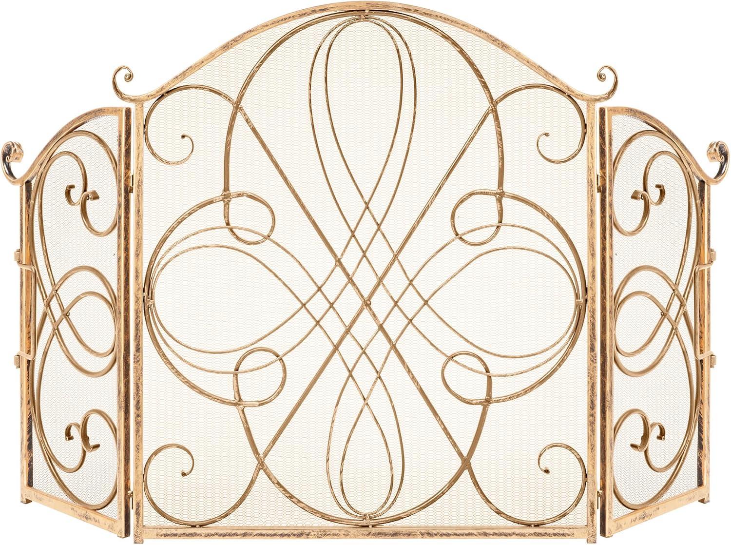 Winston Porter Lissowski 3-Panel 55"x33" Wrought Iron Fireplace Safety Screen Decorative Scroll Spark Guard Cover