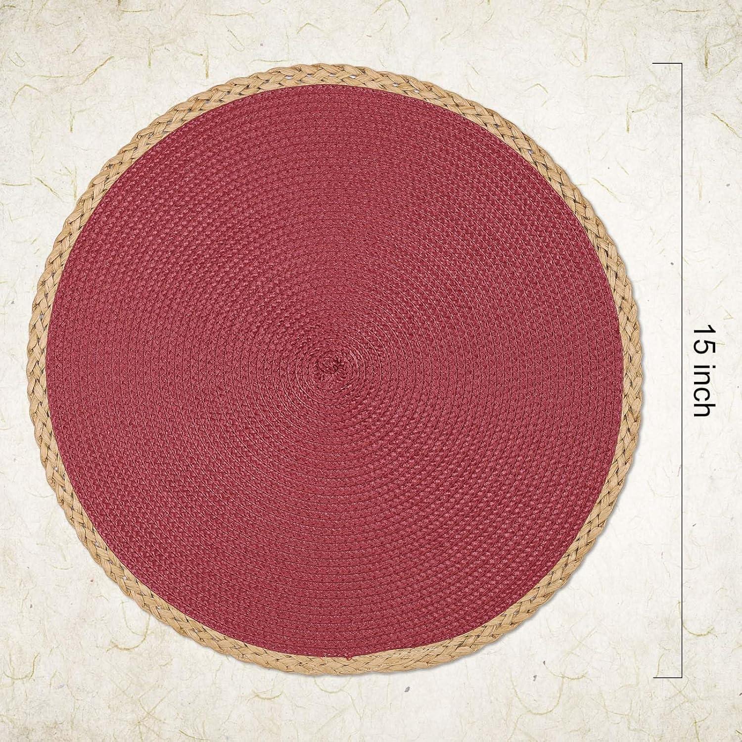 Noctiflorous 15 Inch Round Braided Placemats Set of 4 Washable Wipeable Easy Clean Heat Resistant Woven Dining Table Mats Decor for Holiday Parties Indoor Outdoor Daily Use(Red Thin Edge, 4)