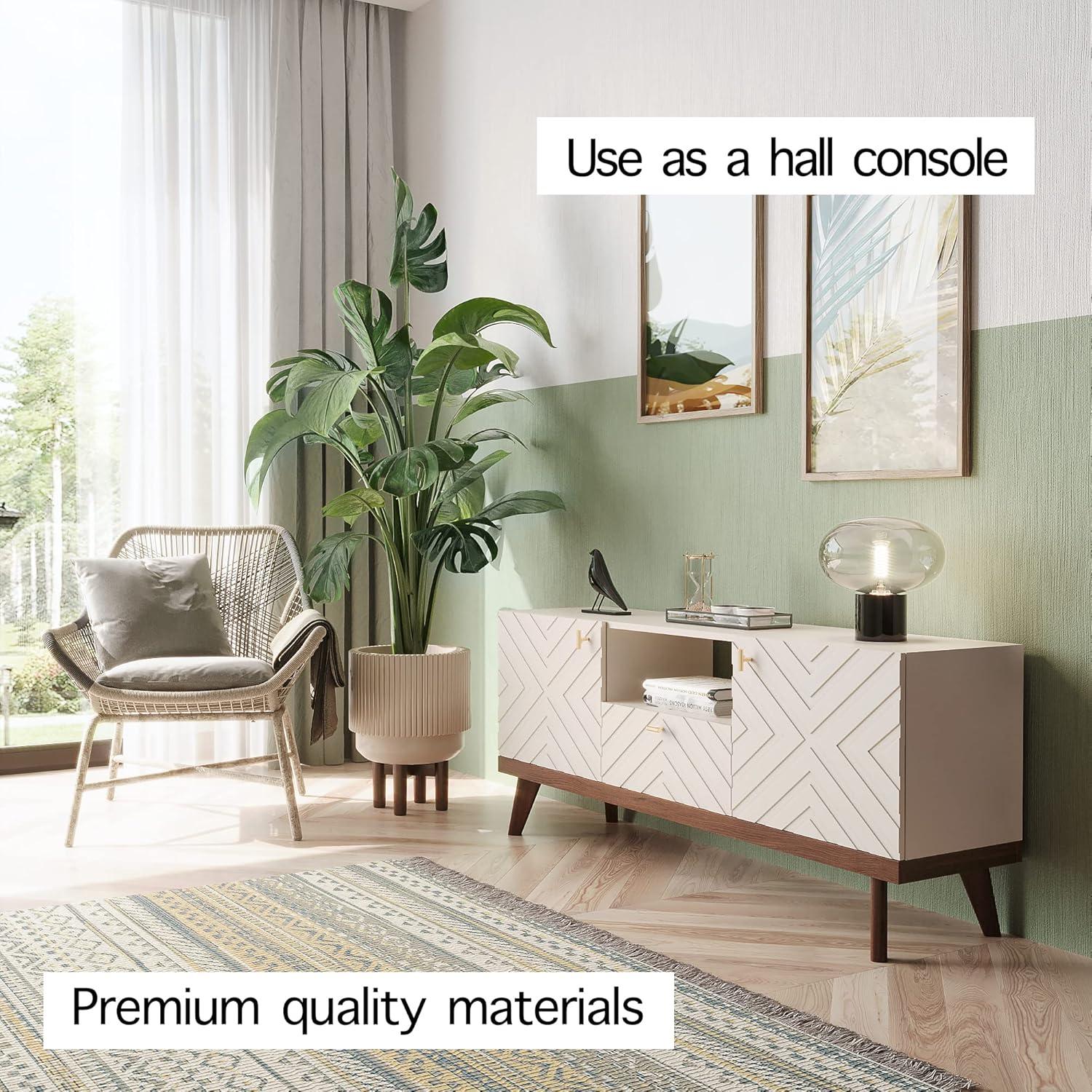 Living Skog  Alba Beige TV Stand Console with Drawer Fits TV's up to 65 in. with Wood Legs Mid Century Modern Design Beige Laminate Up to 240 lbs