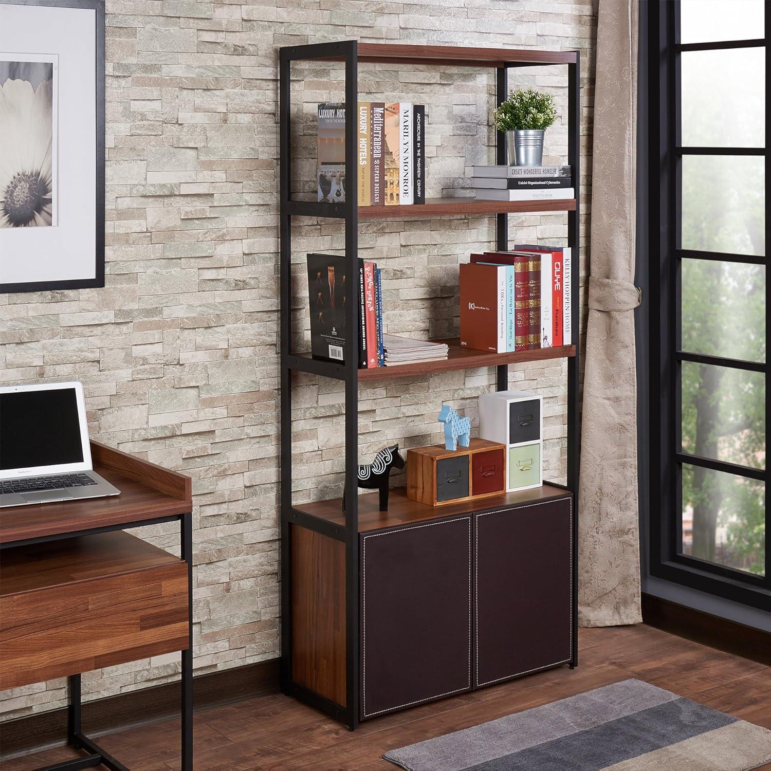 Modern Black Wood Bookcase with Faux Leather Doors, 32"x70"