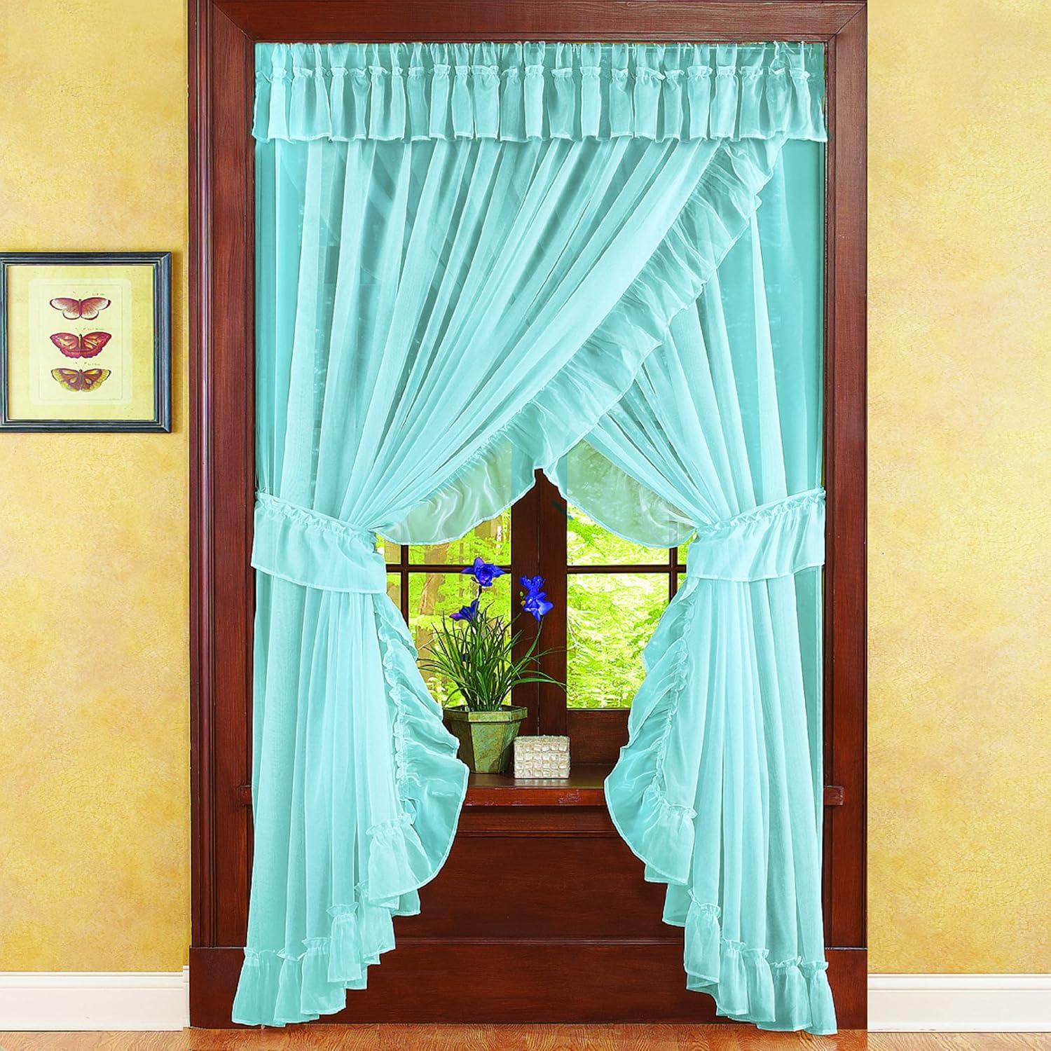 Isabella Ruffled Sheer Fabric Rod Pocket Window Curtain Set, Blue