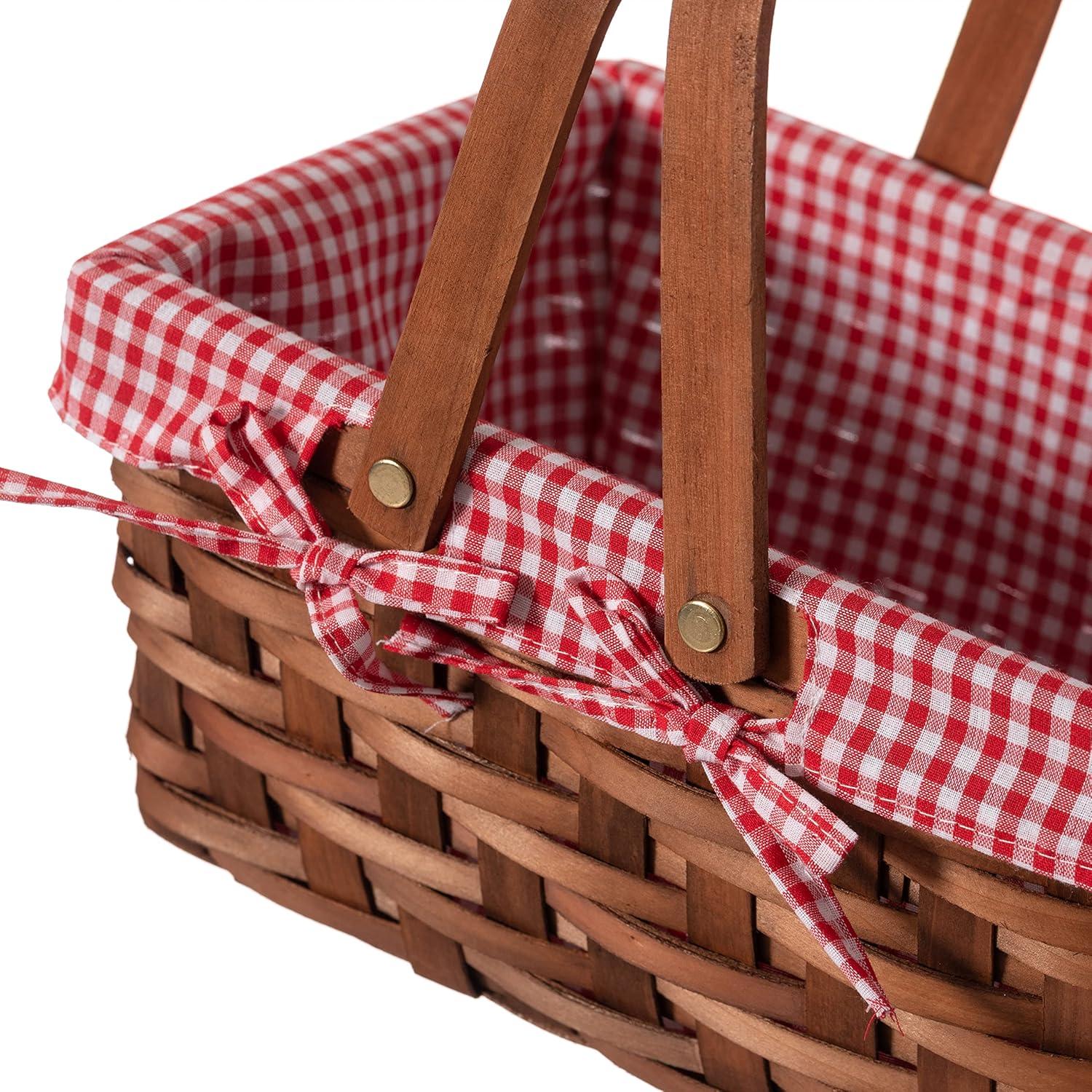 Classic Rectangular Wooden Storage Basket with Red Gingham Lining