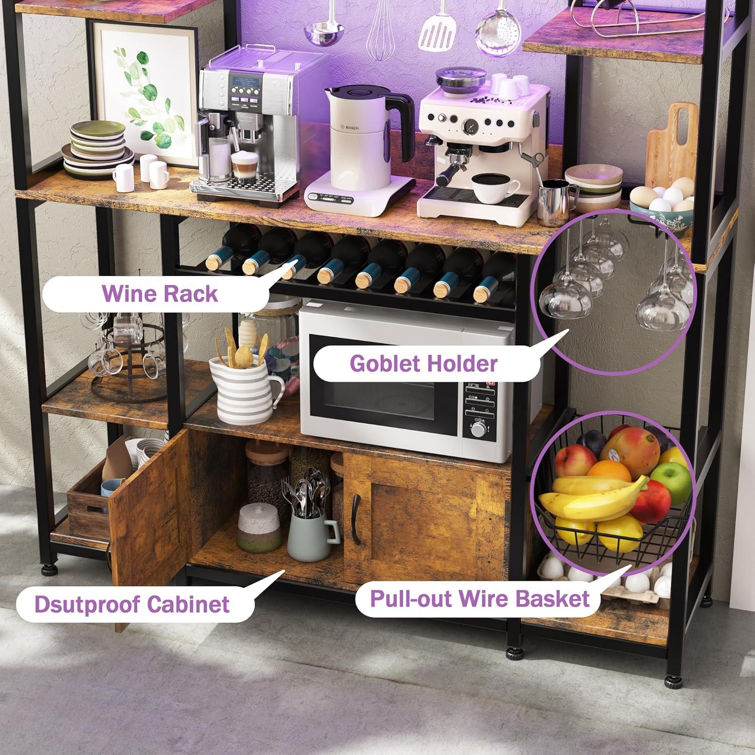 Ataucjin 55" 5-Tier Bakers Rack With Power Outlet And LED Light Kitchen Microwave Stand Farmhouse Coffee Bar Cabinet With Storage Shelf 10 Hooks Wire Basket Wine Rack For Spices Pots Pans