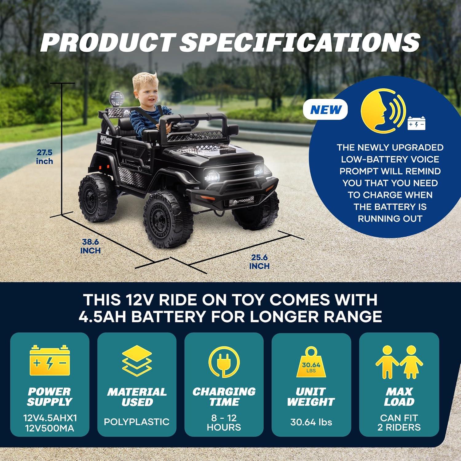 Outdoor Cruise 1 Seater 12V Ride-On Electric Car for Kids - Remote Control Ride-On Jeep Power Wheels, Battery Operated Cars for Ages 5-7 with Parental Control for Safe Adventures - Black