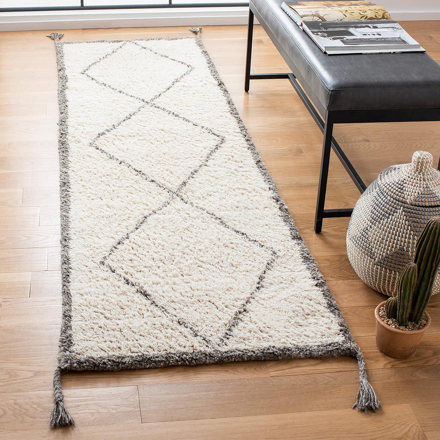 Ivory and Charcoal Hand-Tufted Wool Moroccan Runner Rug