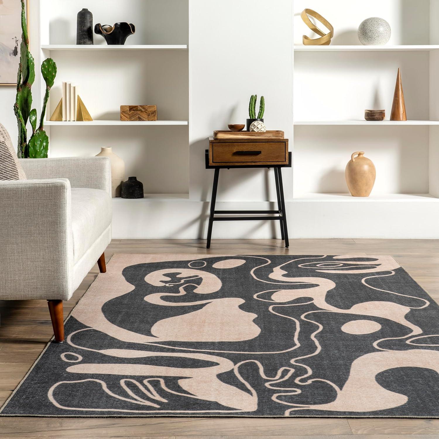 Carole Abstract Beige and Black Machine Washable Area Rug