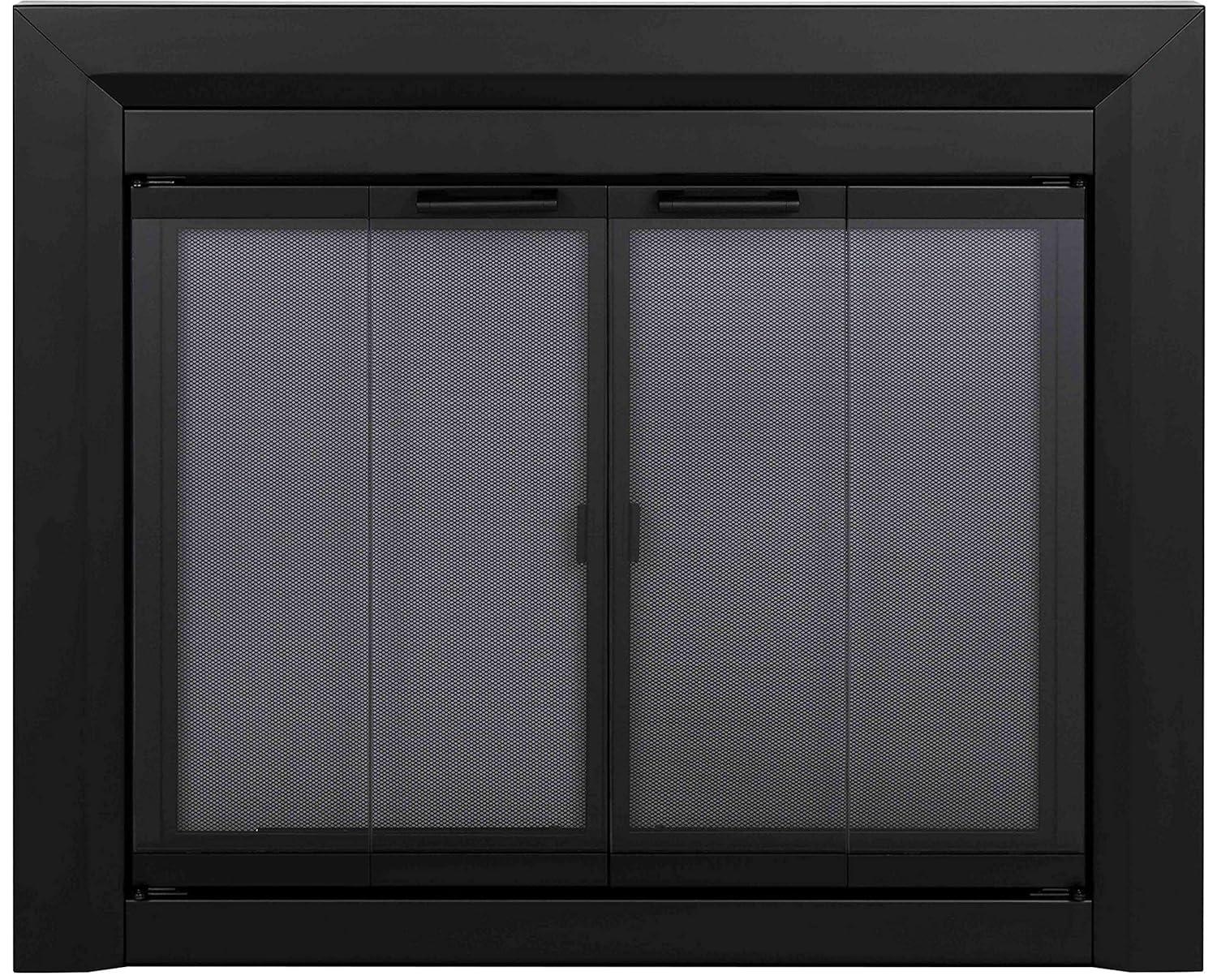 Pleasant Hearth Clairmont Fireplace Screen and Bi-Fold Track-Free Smoked Glass Doors - Black