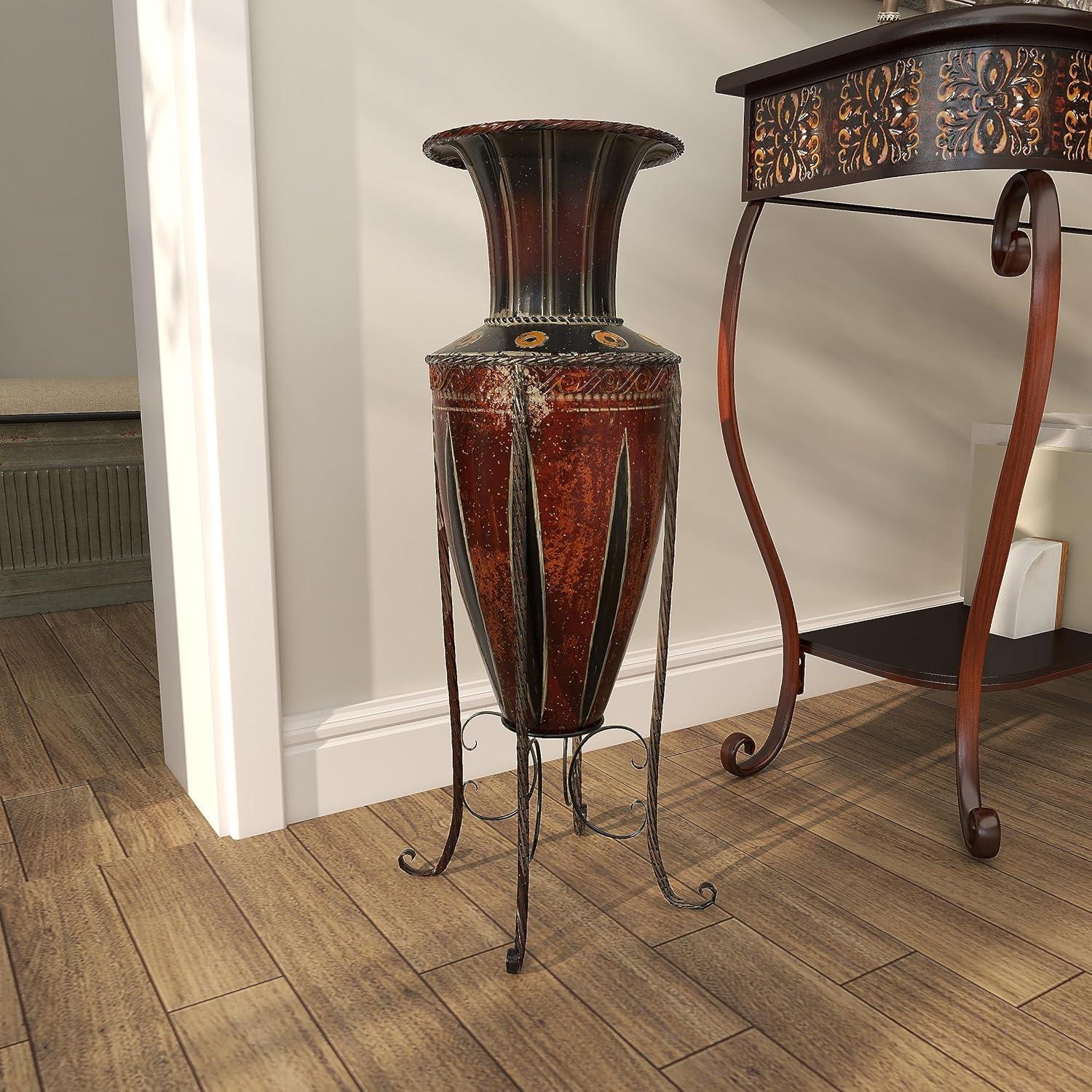 DecMode 27" Tall Brown Metal Vase with Attached Metal Stand and Intricate Design
