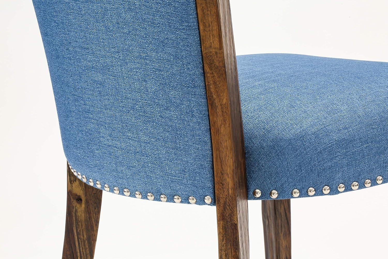 Verona Distressed Jacobean Wood Frame Dining Chair with Blue Linen Fabric Seat with Nail Head & Stylish Back - Set of 2