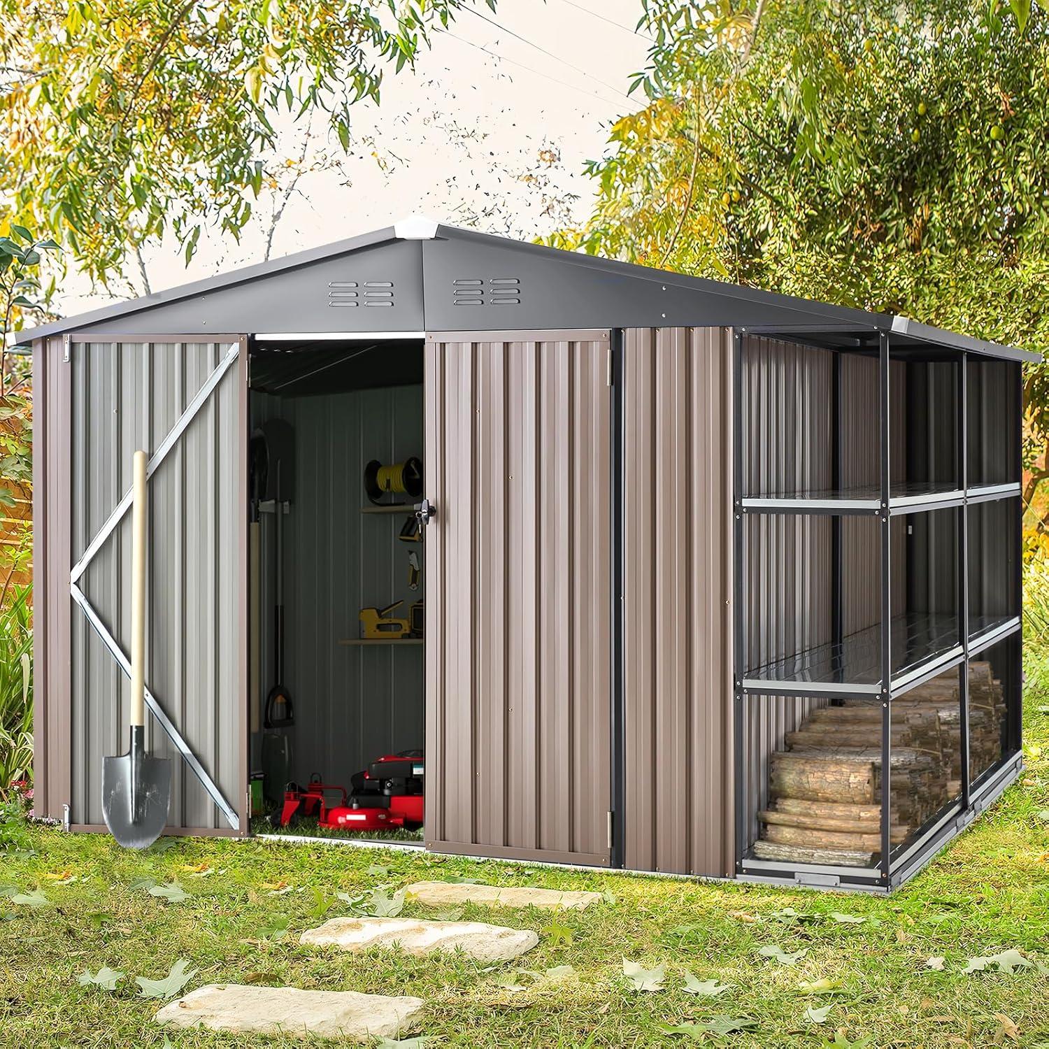 AECOJOY 10x8 Brown Metal Outdoor Storage Shed with Shelves