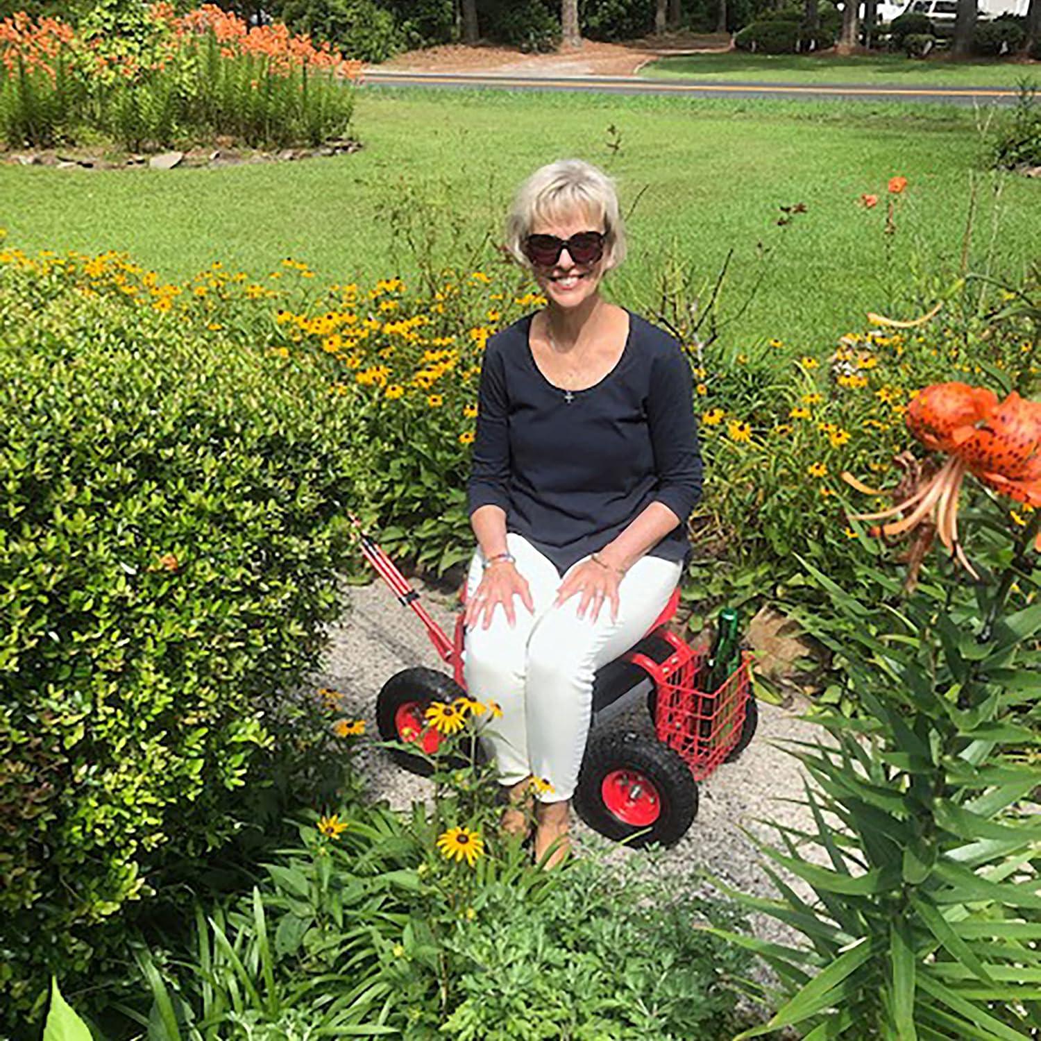 Sunnydaze Outdoor Heavy-Duty Steel Rolling Gardening Cart with Extendable Steer Handle, Swivel Chair, Tool Tray, and Basket - Red