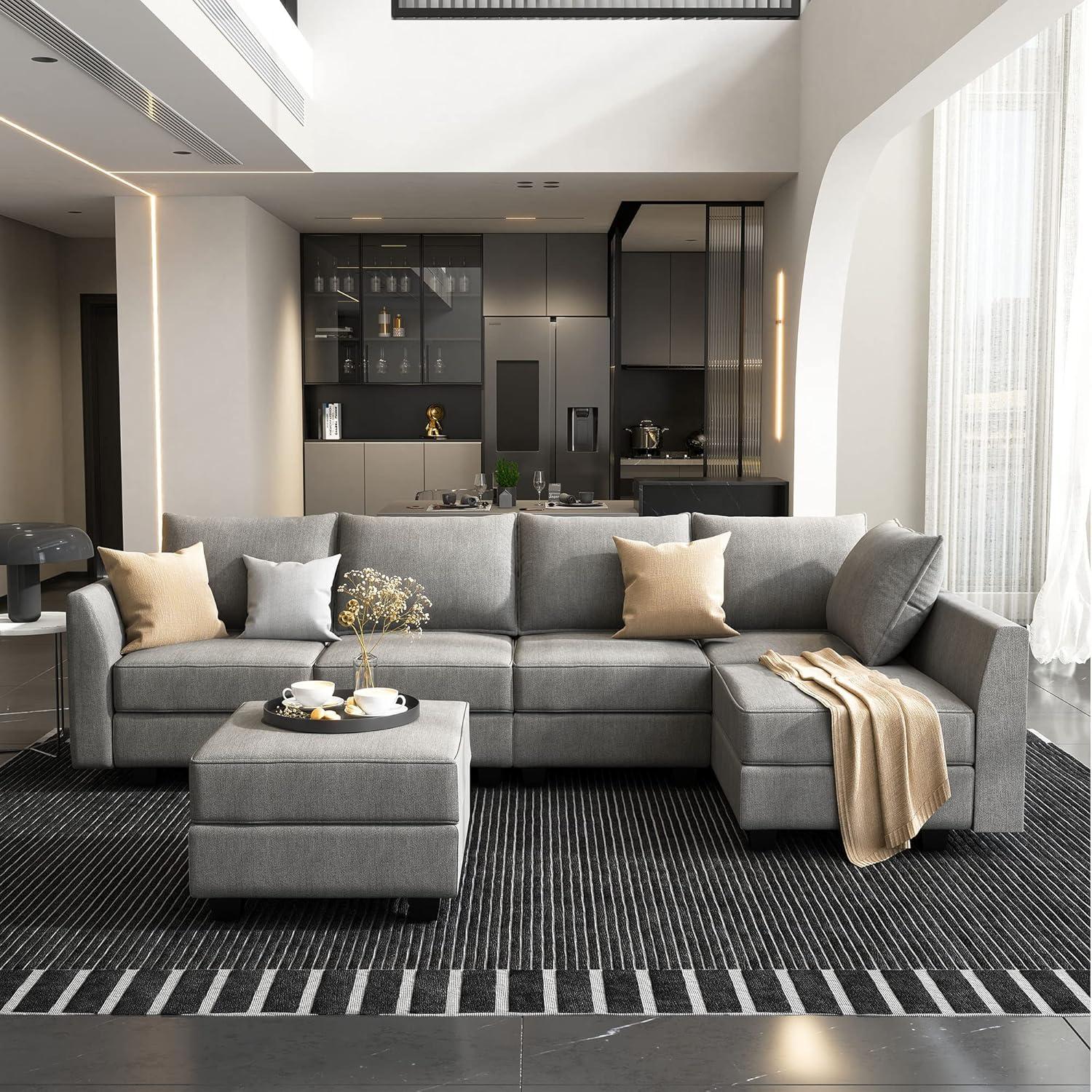 HONBAY Convertible Sectional Couch with Reversible Chaise Modern L-Shape Sofa 4-Seat Couch Modular Sectional Sofa with Storage Seats, Grey