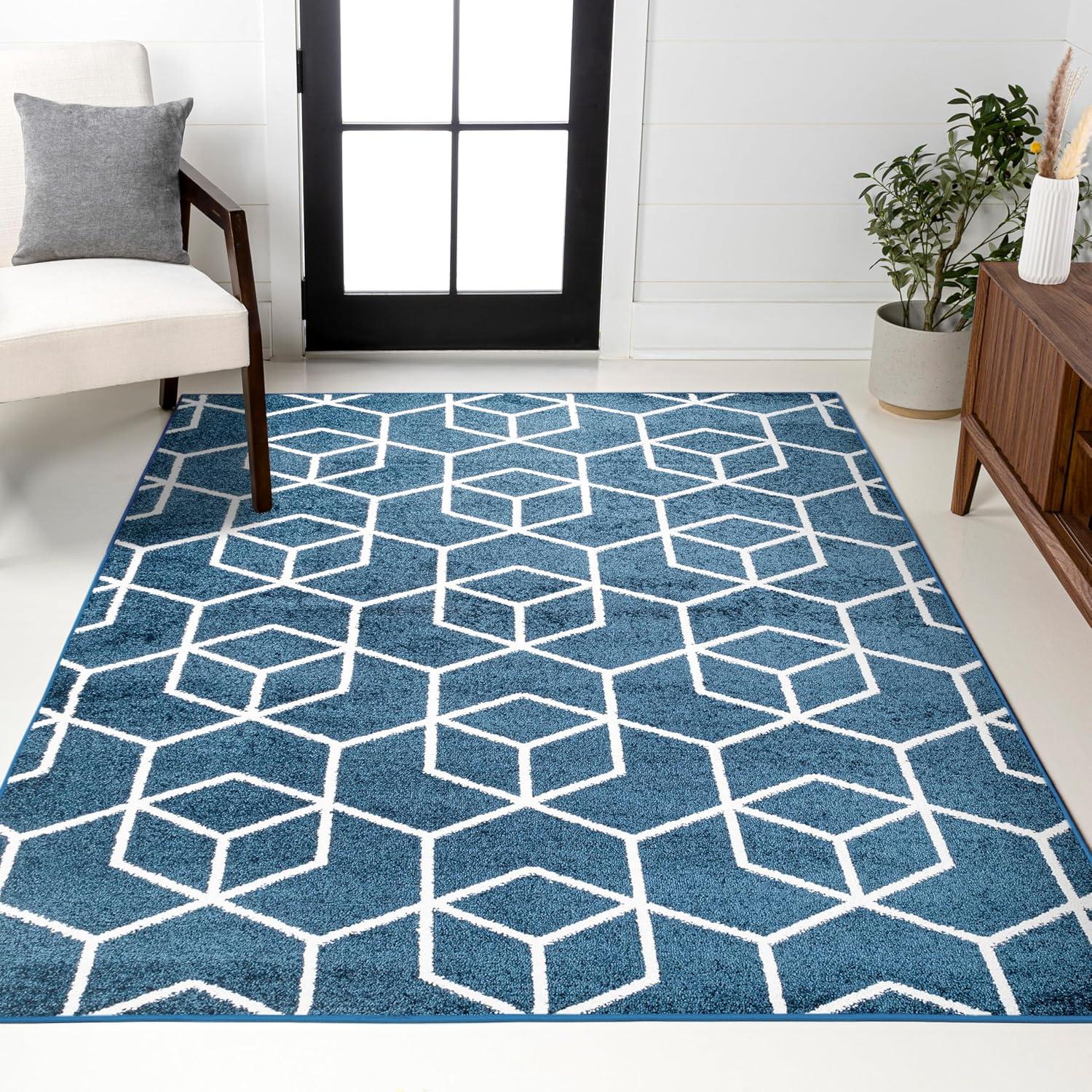 3'x5' Tumbling Blocks Modern Geometric Area Rug, Navy/White - JONATHAN Y