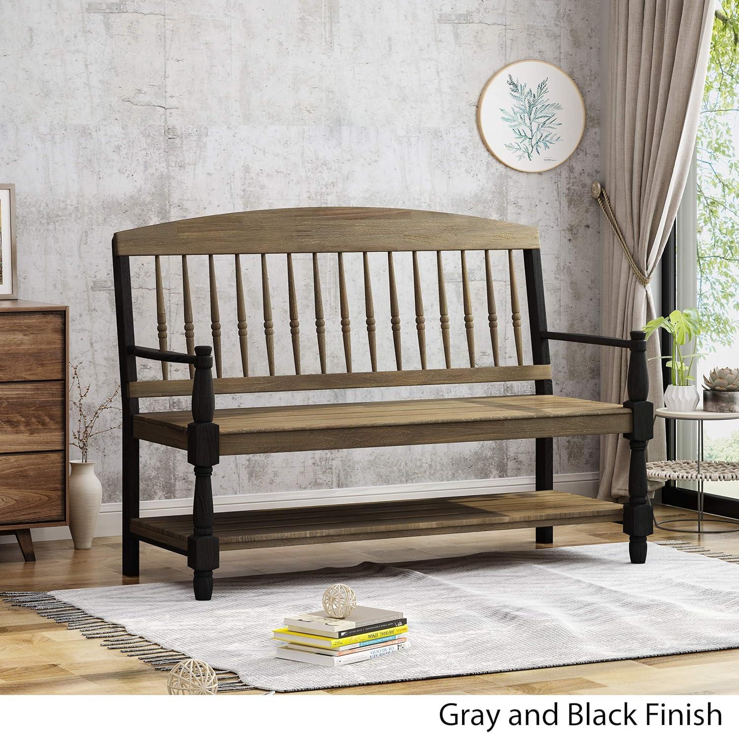 Eddie Rustic Gray Acacia Wood Bench with Spindle Backrest and Shelf