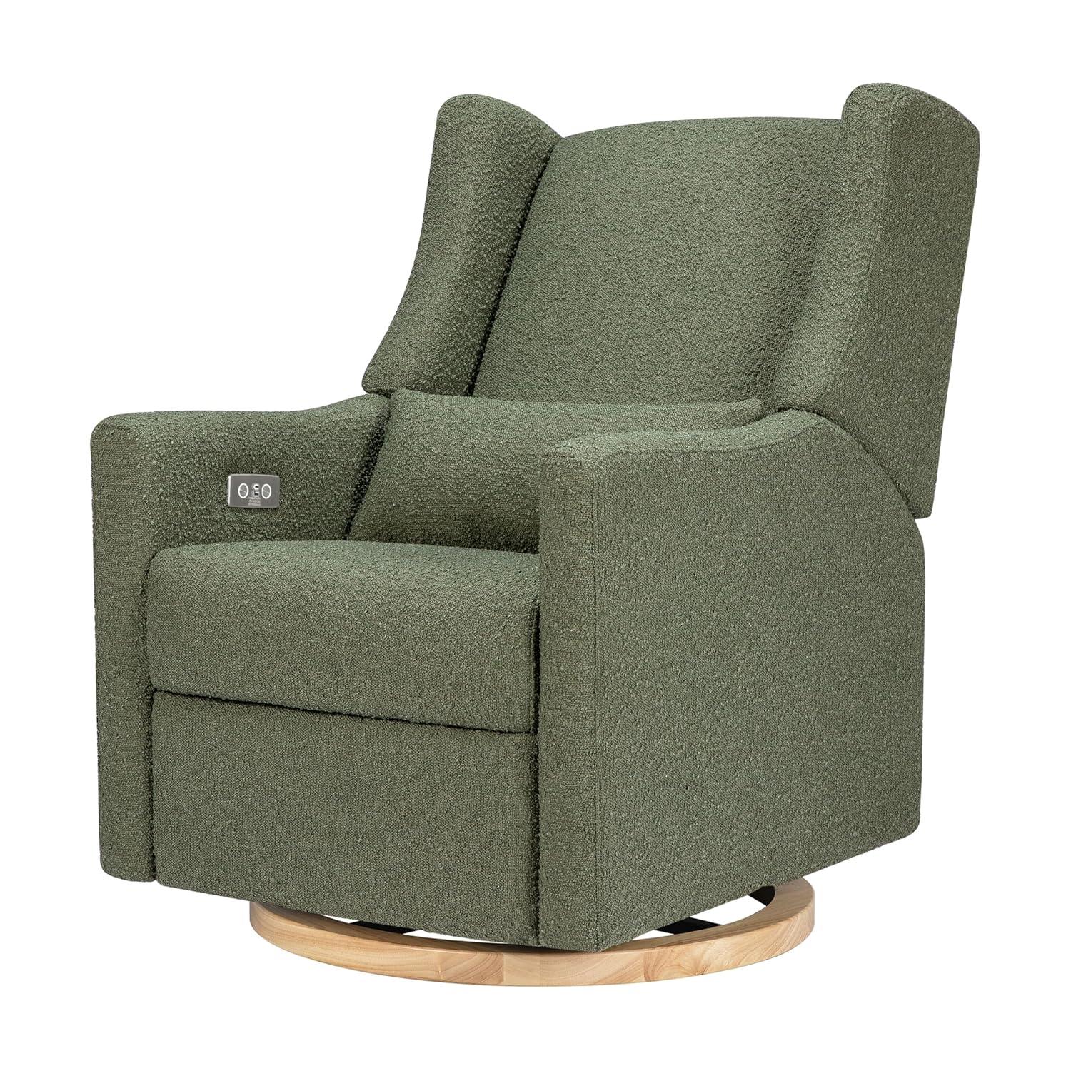 Babyletto Kiwi Olive Green Boucle Nursery Power Glider Recliner Chair with Light Wood Base