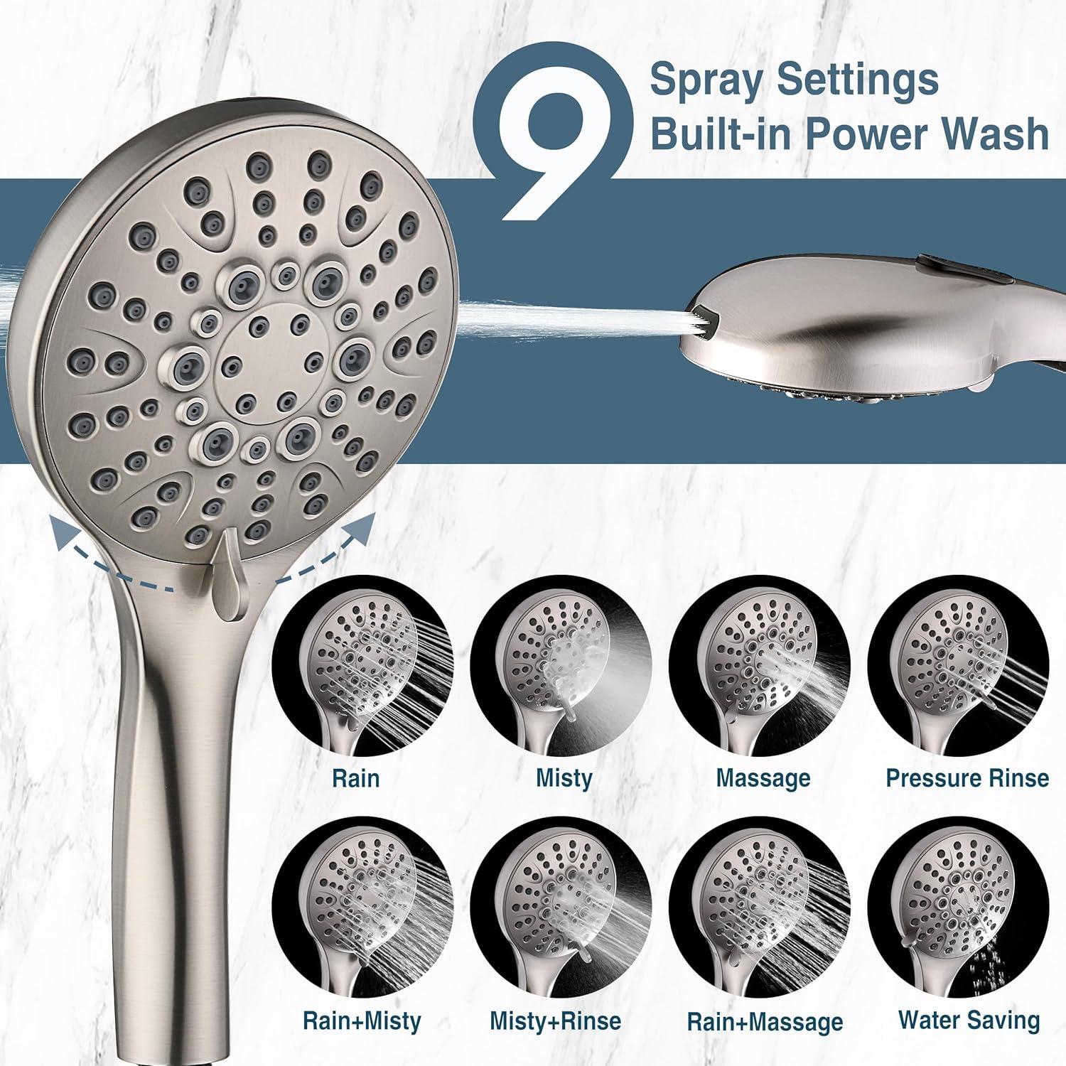 BRIGHT SHOWERS Rain Shower Head with Handheld Spray Built-in Power Wash, High Pressure Dual Shower Head with Adjustable Extension Arm, 3-Way Diverter, 9-Mode Handheld, 69” Long Hose, Brushed Nickel