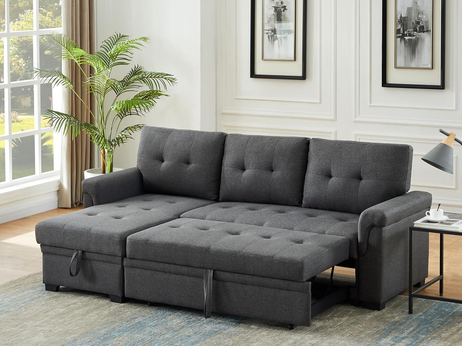 Lucca Dark Gray Linen Tufted Sectional Sofa with Storage Chaise