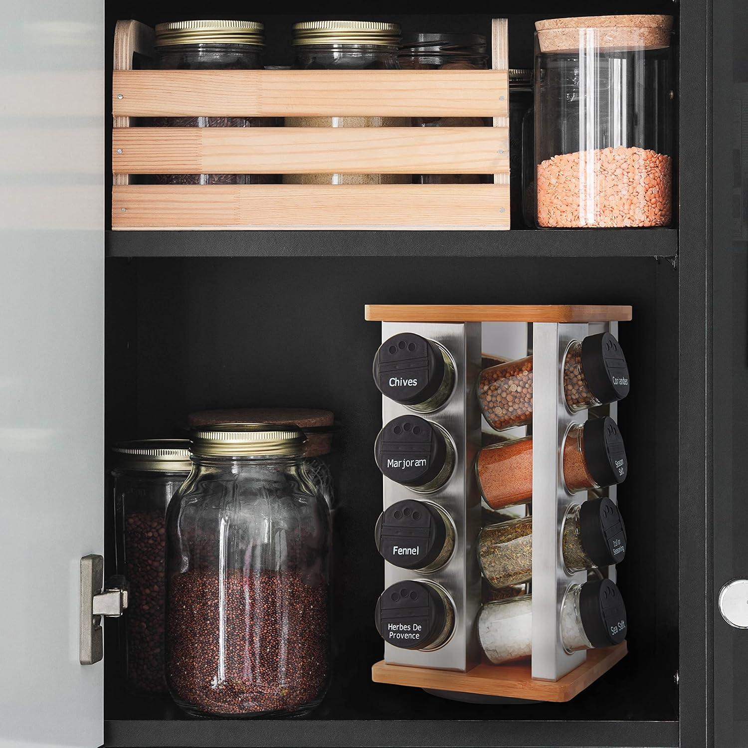 Bamboo and Stainless Steel Revolving Countertop Spice Rack with 16 Jars