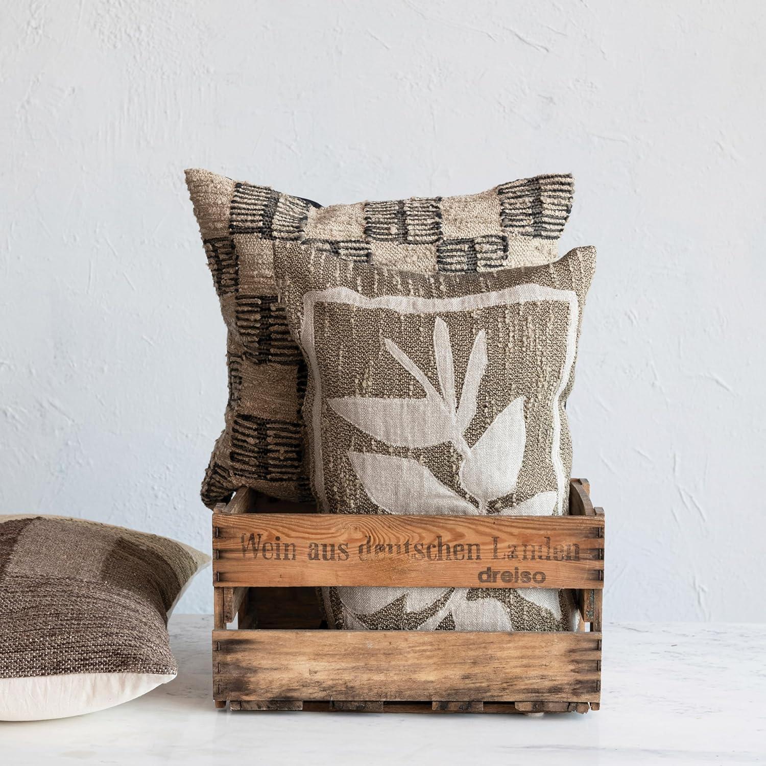 Tan and Brown Woven Botanical Lumbar Pillow