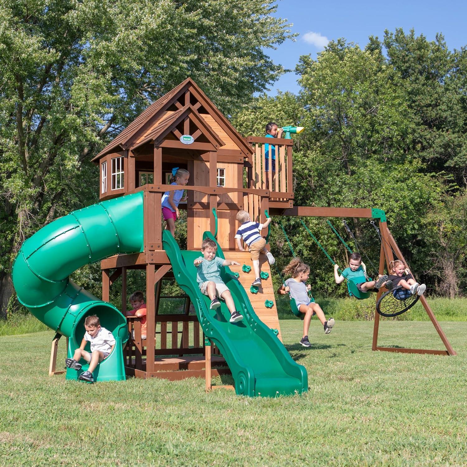 Skyfort Cedar Swing Set with Green Slides and Swings