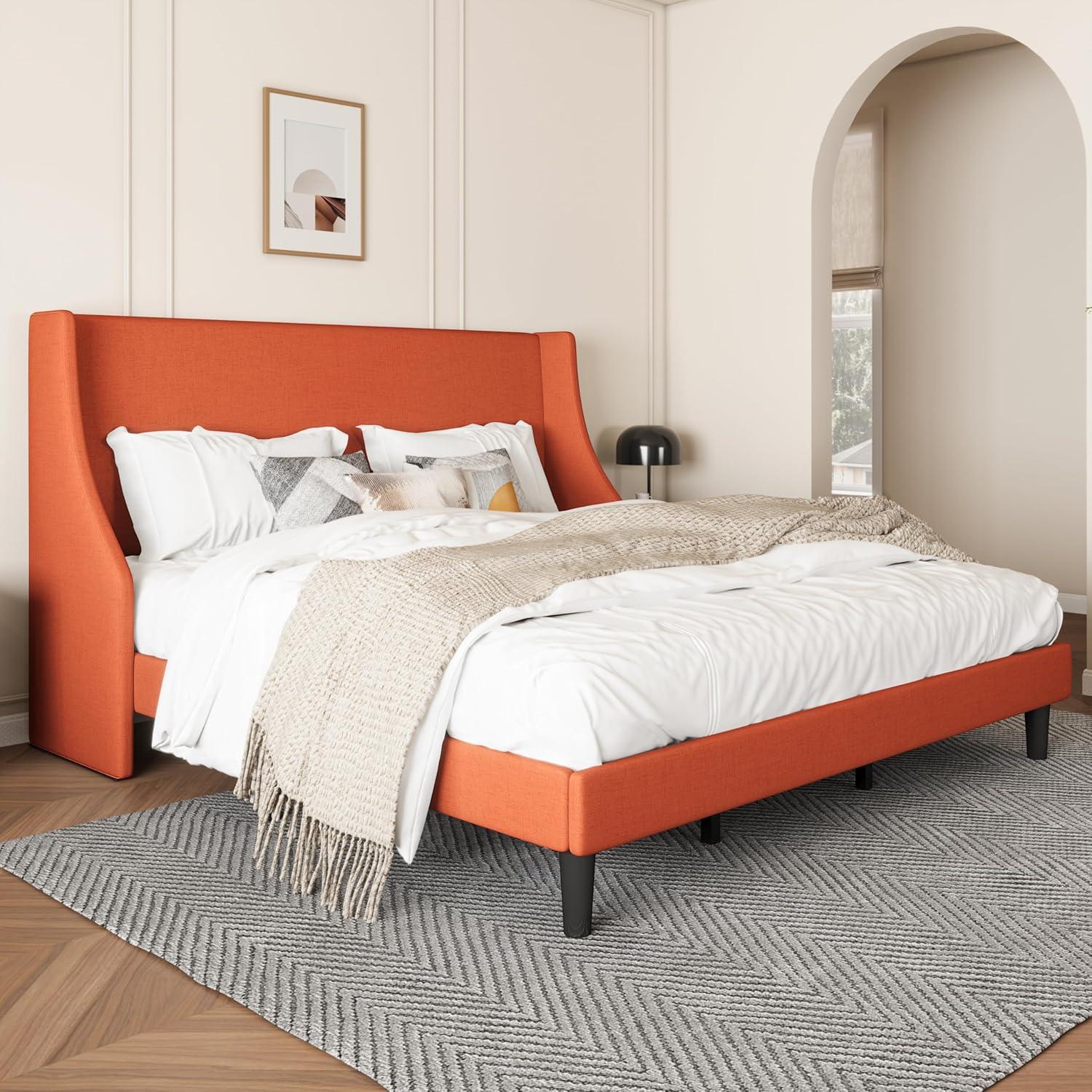 SHA CERLIN Upholstered Bed Frame King Size with Streamlined Wingback Headboard, Breathable Linen Fabric, Solid Wooden Slats, Easy Assembly, Orange