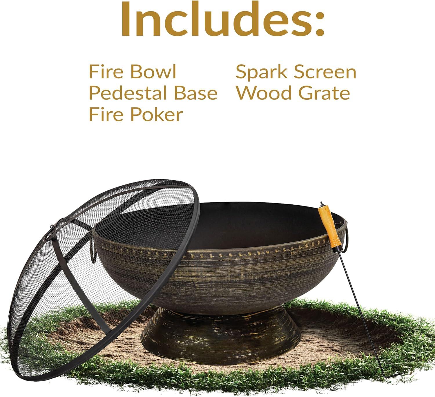 SunnyDaze Decor 30" Wood-Burning Black Finish Steel Fire Pit Bowl with Screen, Grate, and Poker