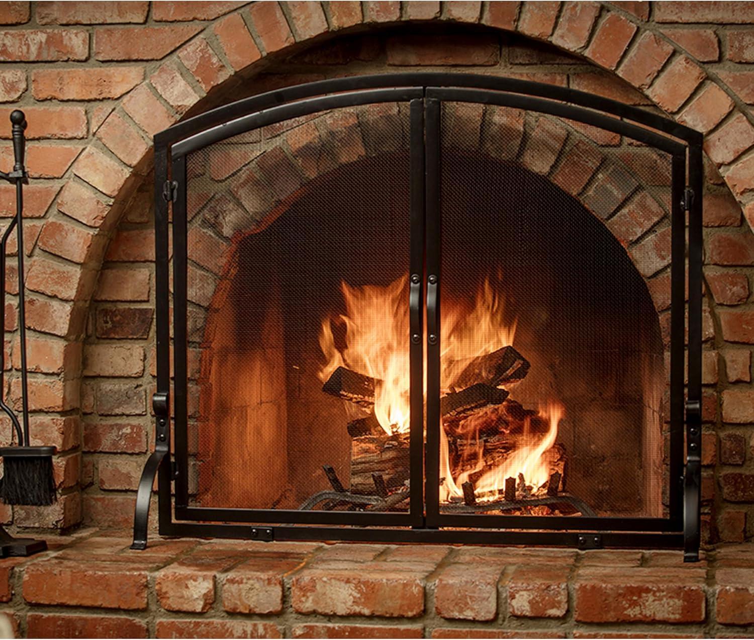 UniFlame Single Panel Black Wrought Iron Screen with Doors