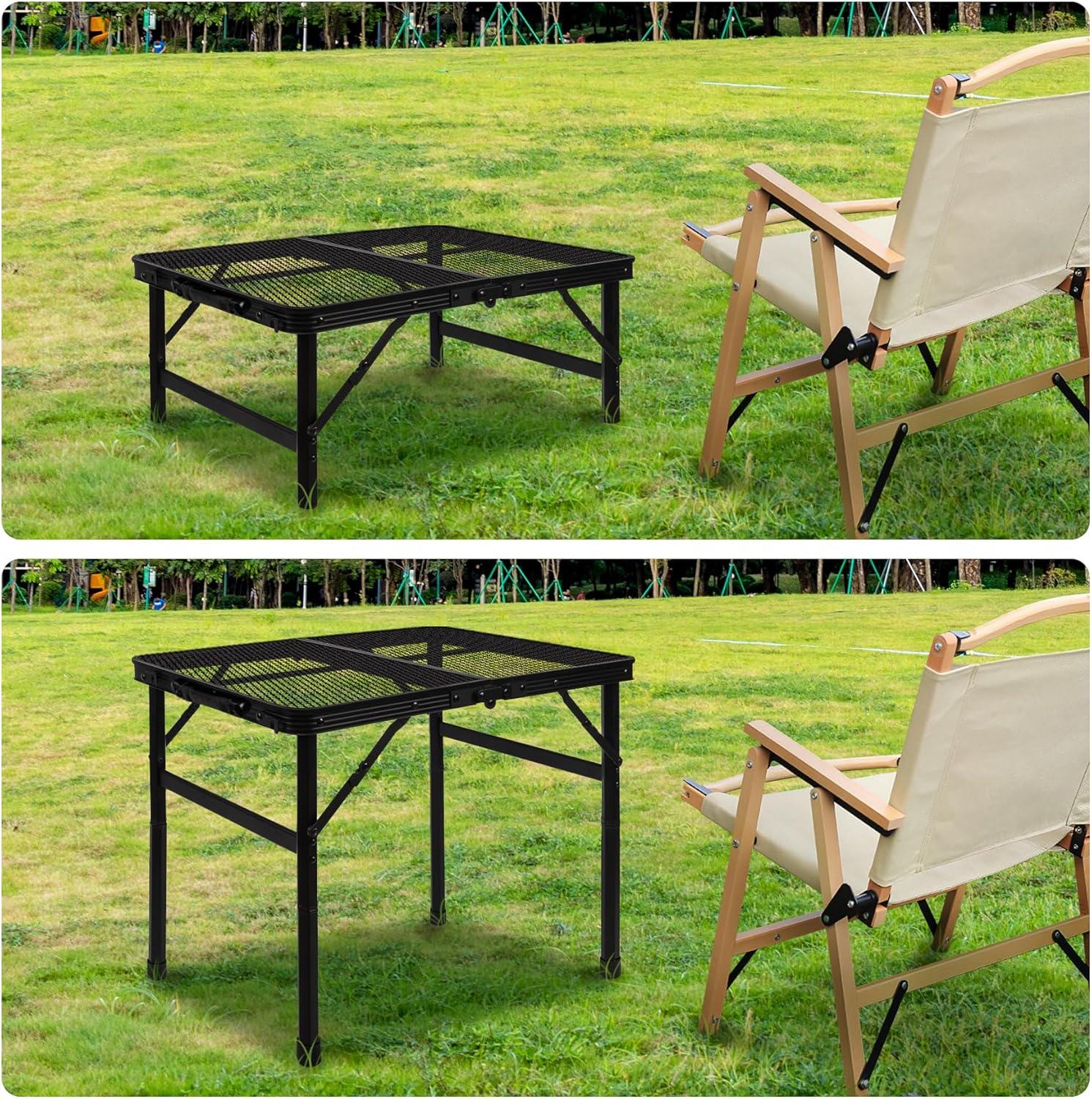 Folding Grill Table Camping Table with Mesh Desktop, Lightweight & Portable Outdoor Picnic Table, Height Adjustable Portable Grill Table for Outside Inside Use