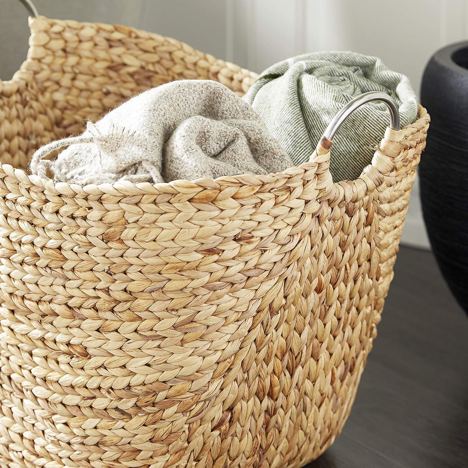 DecMode 21" x 19" Brown Seagrass Handmade Large Woven Storage Basket with Ring Metal Handles, 1-Piece