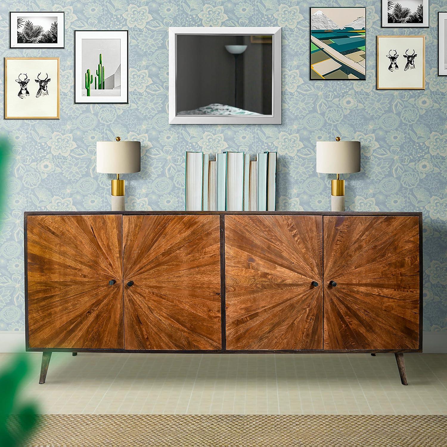 The Urban Port 65" Mango Wood Sideboard Buffet Cabinet Console 2 Door Sunburst Warm Brown