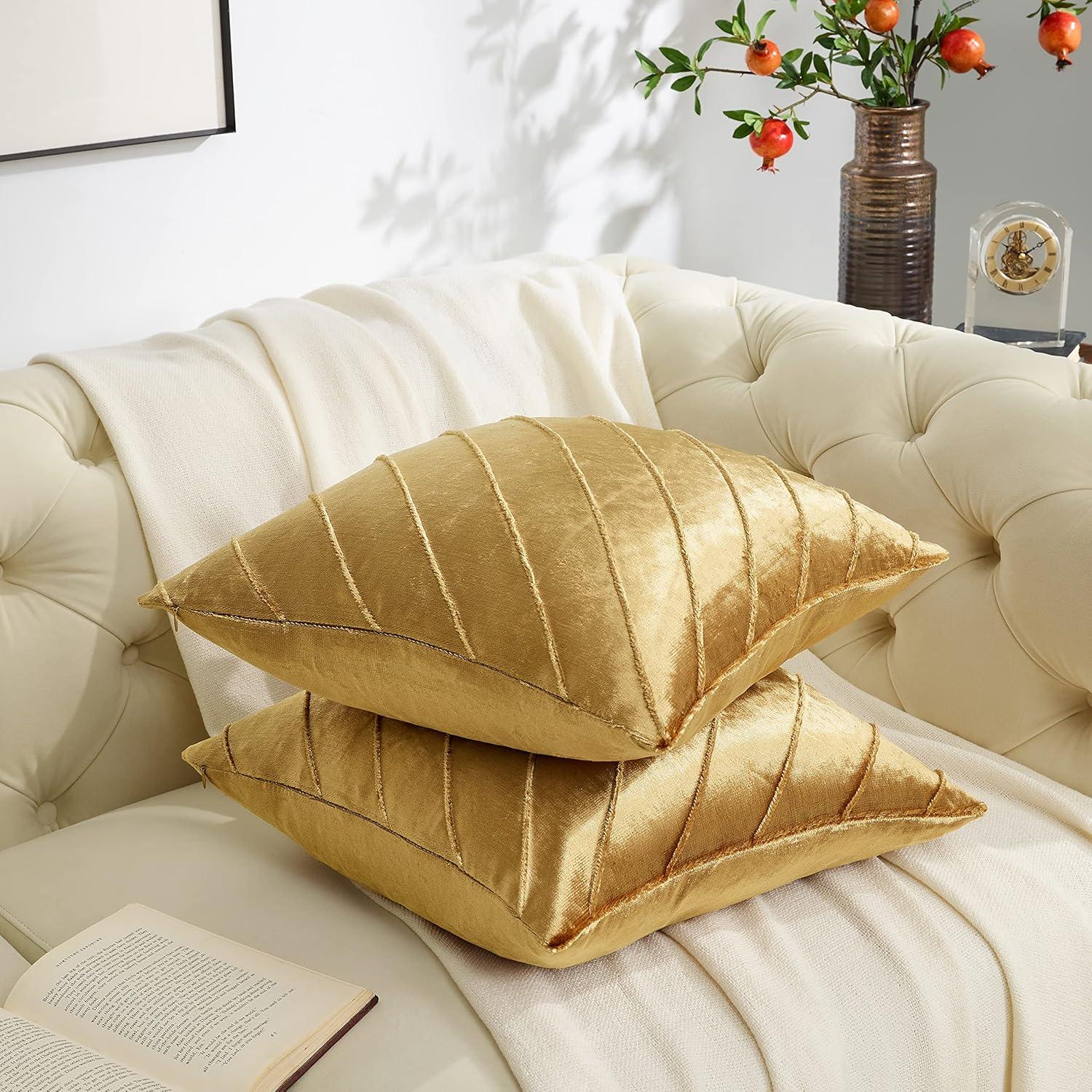 Gold Stripe Velvet Cushion Covers - Set of 2 | 18x18 Sofa Throw Pillow Cases | Decorative Living Room Couch Accent Covers
