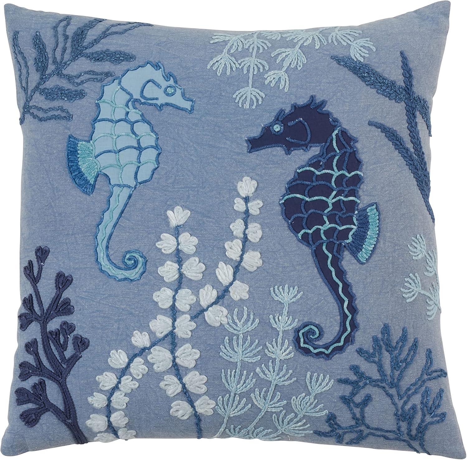 Blue Embroidered Seahorse Coastal Medium Throw Pillow