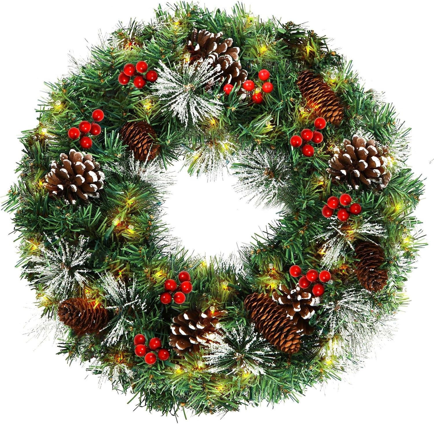 18-Inch Pre-Lit Artificial Christmas Wreath with Red Bow and Pine Cones