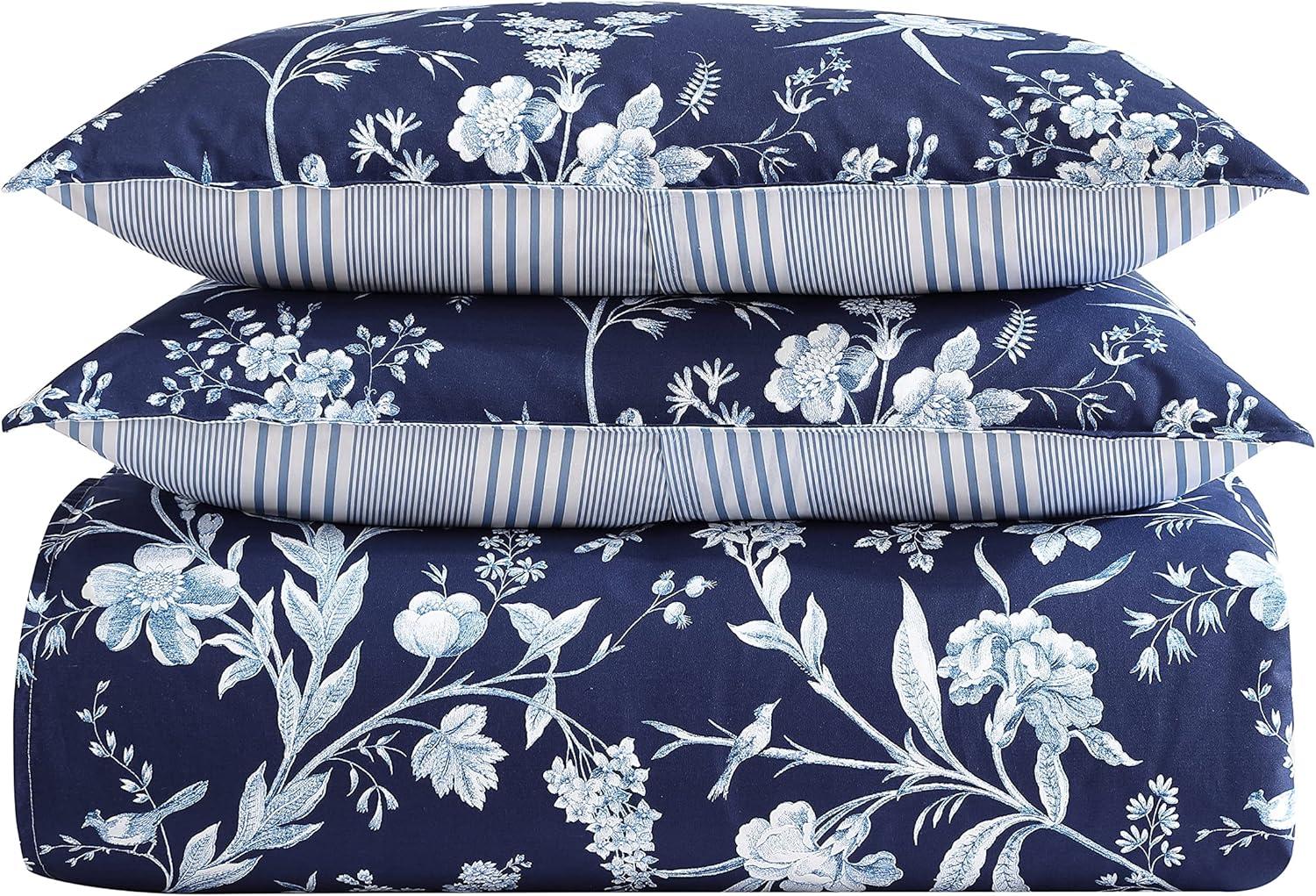 Laura Ashley 5pc Twin Branch Toile 100% Cotton Duvet Cover Bonus Set Blue: Includes Euro Sham, Machine Washable