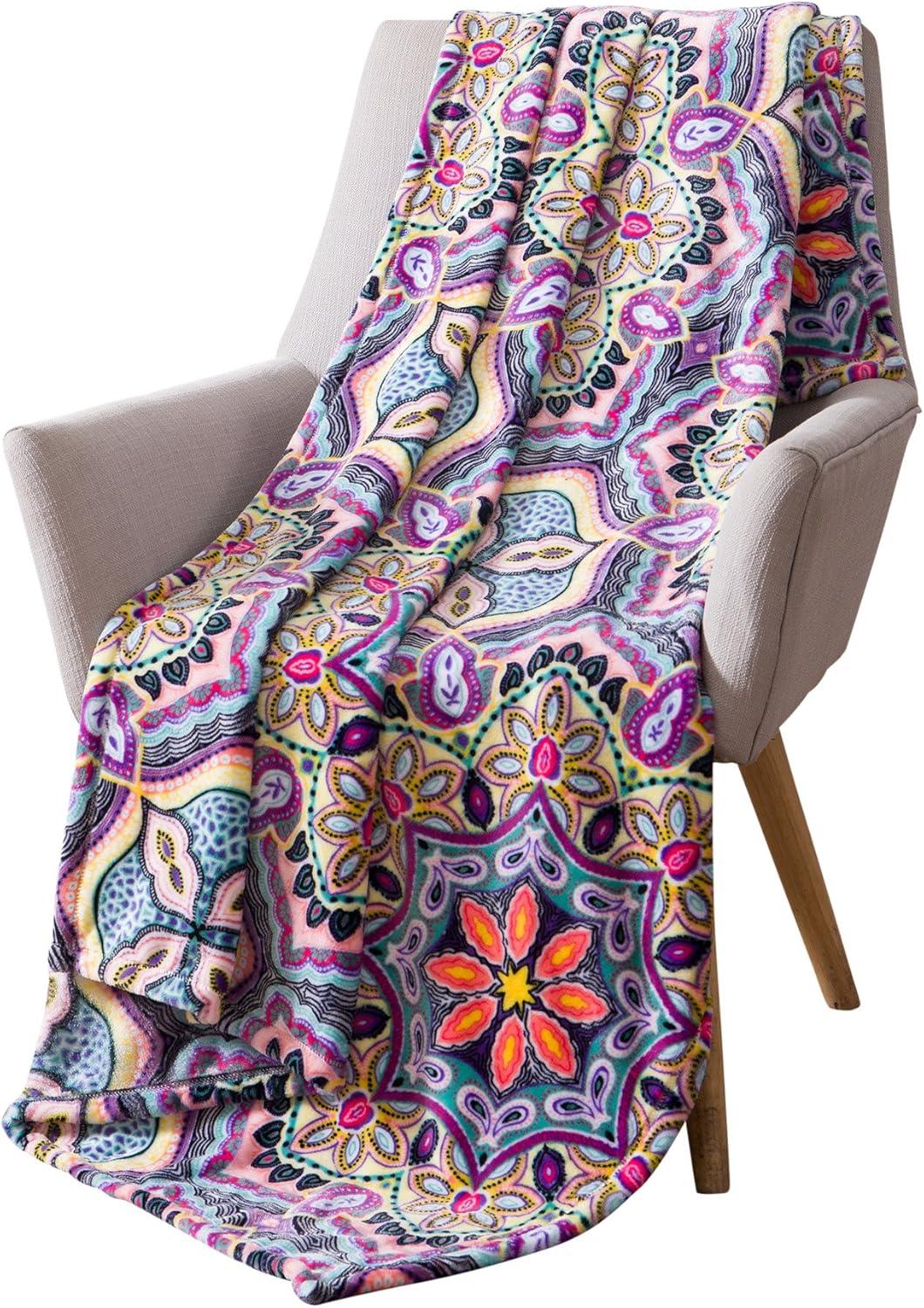 Serafina Home Boho Velvet Fleece Throw Blanket: Soft Plush Bright Decorative Paisley Patterned Accent for Couch or Bed, Colored: Teal Hot Pink Purple Yellow Black