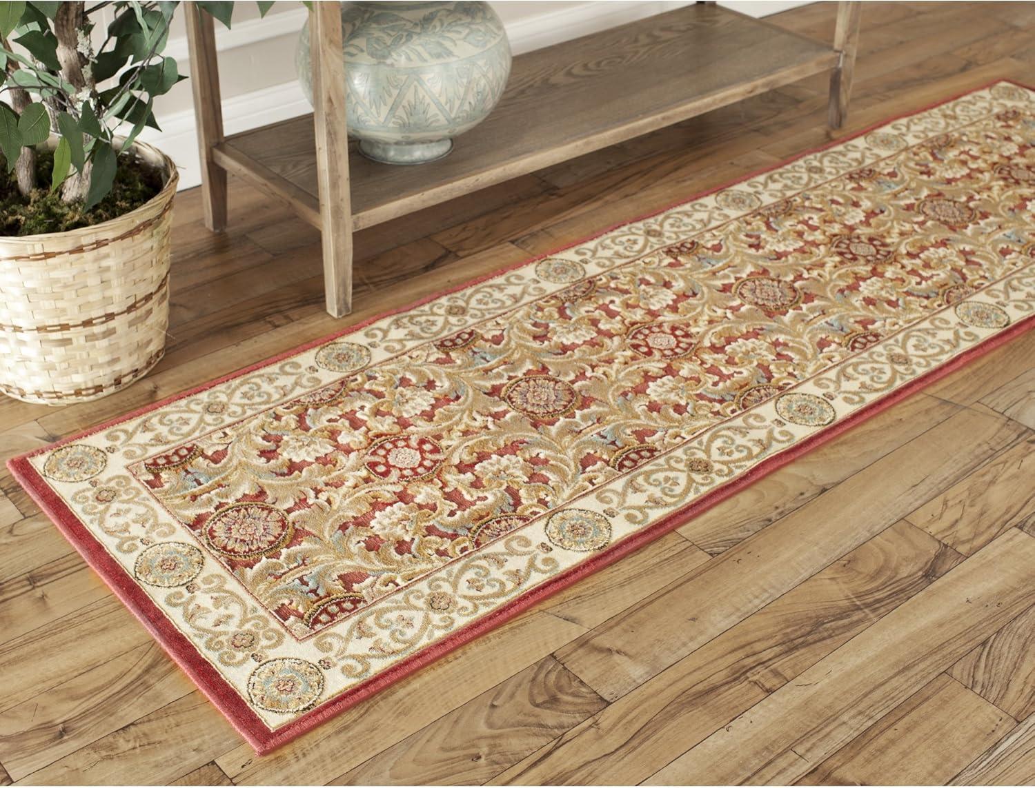 Red and Beige Oriental Viscose Runner Rug