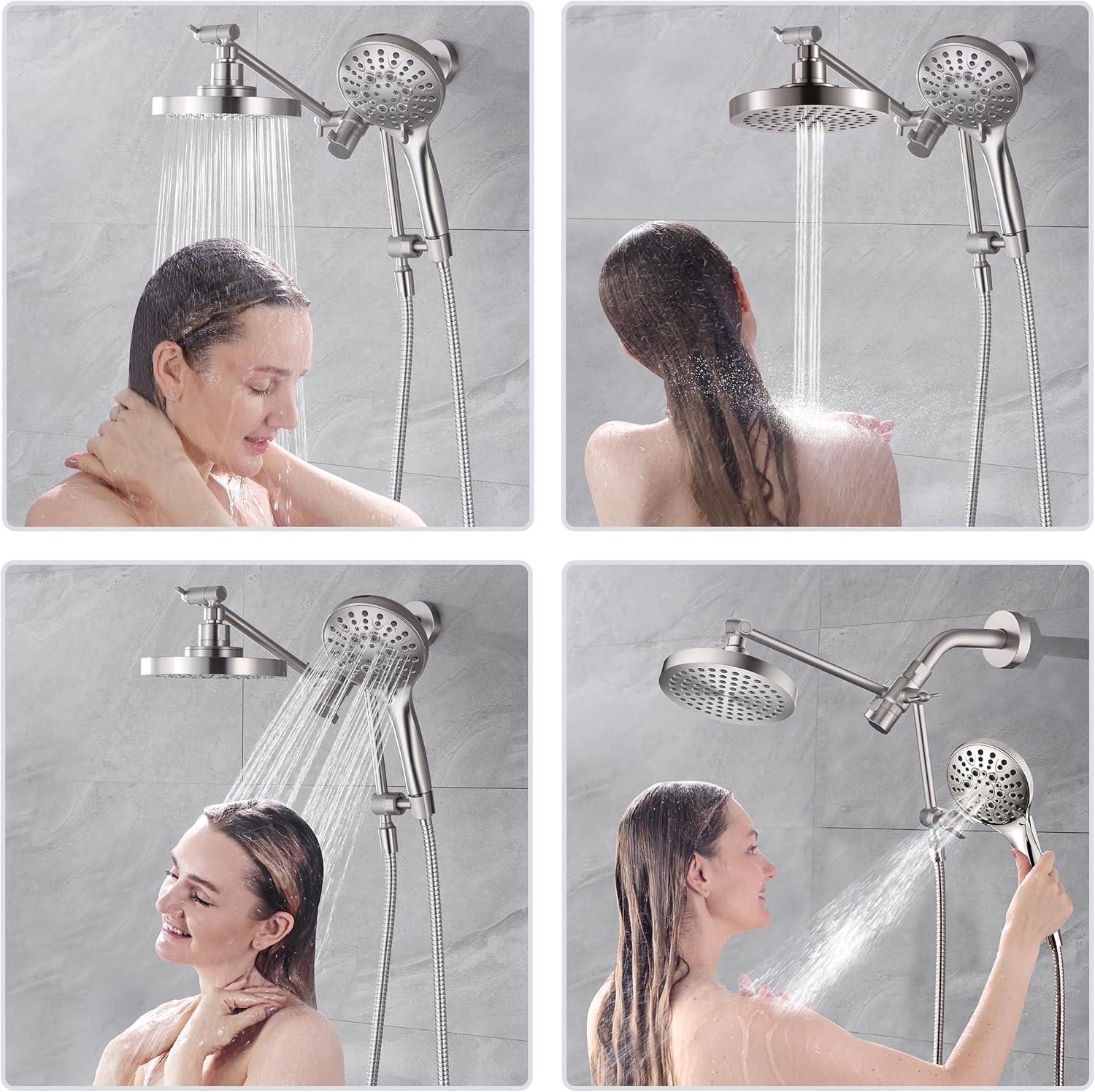 BRIGHT SHOWERS Rain Shower Head with Handheld Spray Built-in Power Wash, High Pressure Dual Shower Head with Adjustable Extension Arm, 3-Way Diverter, 9-Mode Handheld, 69” Long Hose, Brushed Nickel