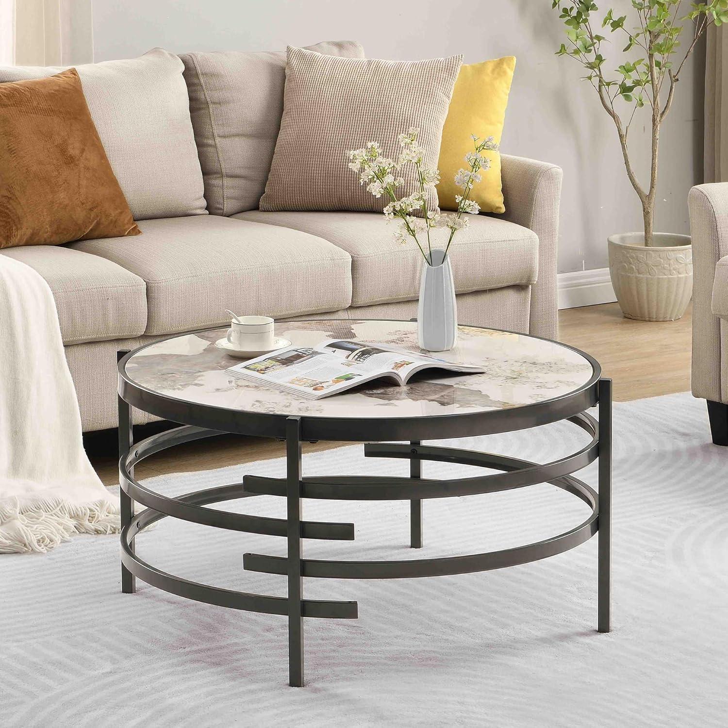 Gray Round Coffee Table with Sintered Stone Top and Metal Frame