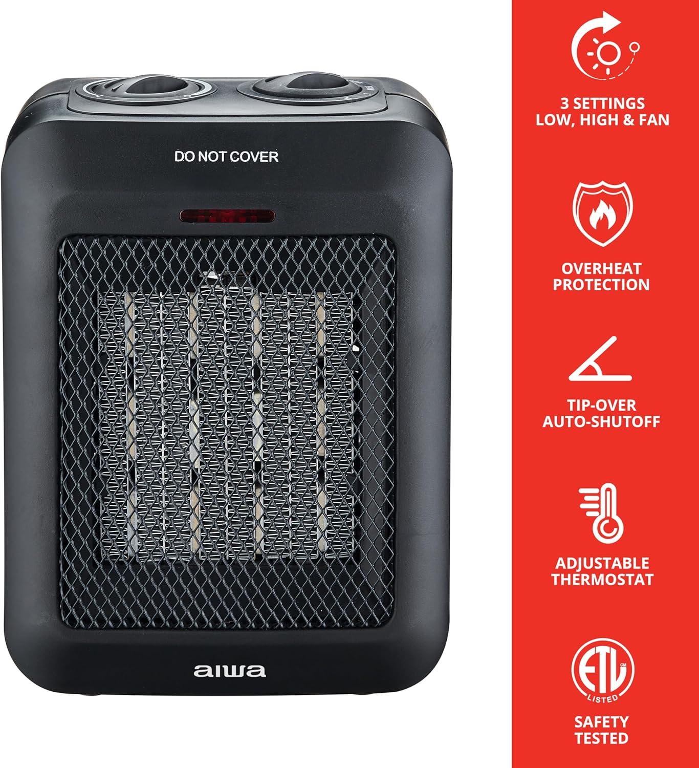 Aiwa 1500W Small Ceramic Room Heater, Overheat Protection, Tip over Auto Shutoff - Black