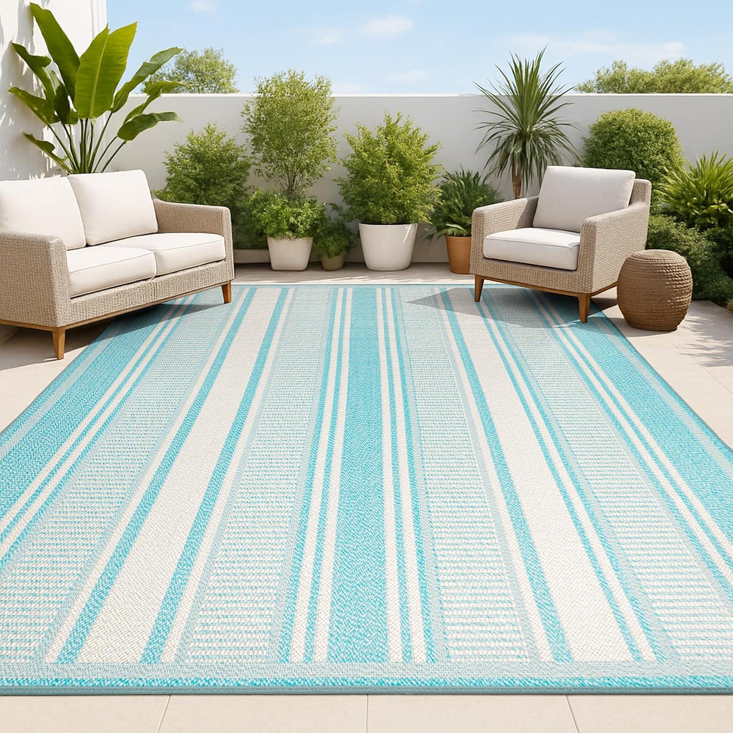 3' x 5' Haynes Modern Double Stripe Indoor/Outdoor Area Rug, Aqua/Beige - JONATHAN Y