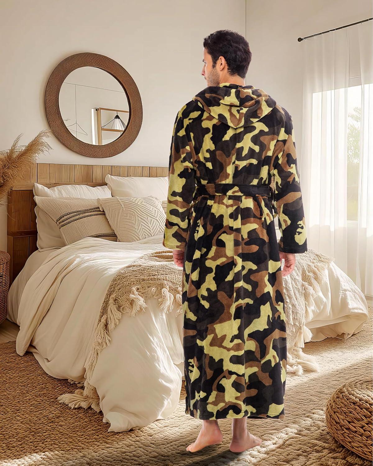 ADR Mens Robe, Plush Fleece Hooded Bathrobe Men, Men's Bathrobes, Big and Tall Bath Robe for Men Green Camouflage Medium