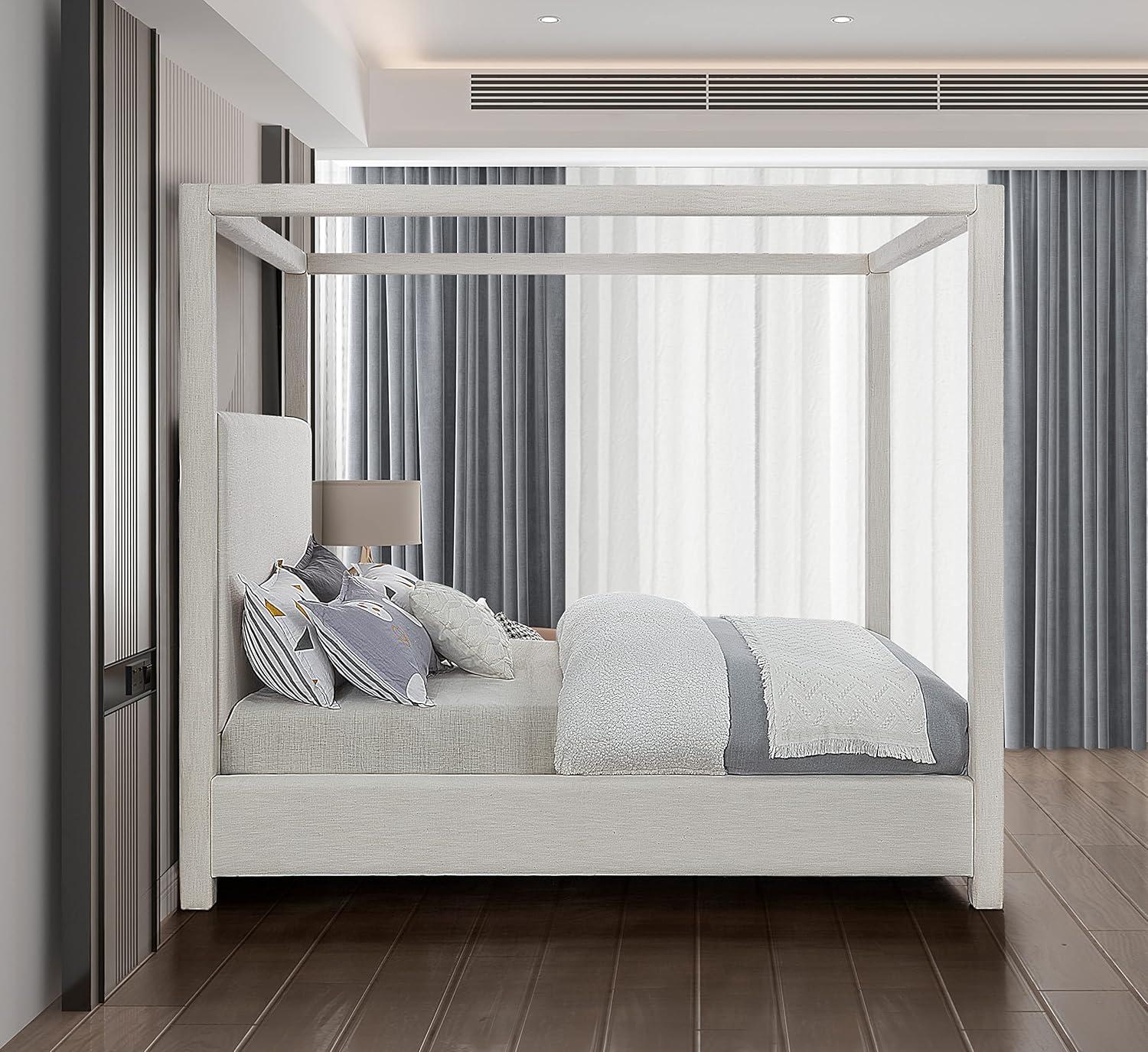 Meridian Furniture Emerson Cream Linen Textured Fabric Queen Bed