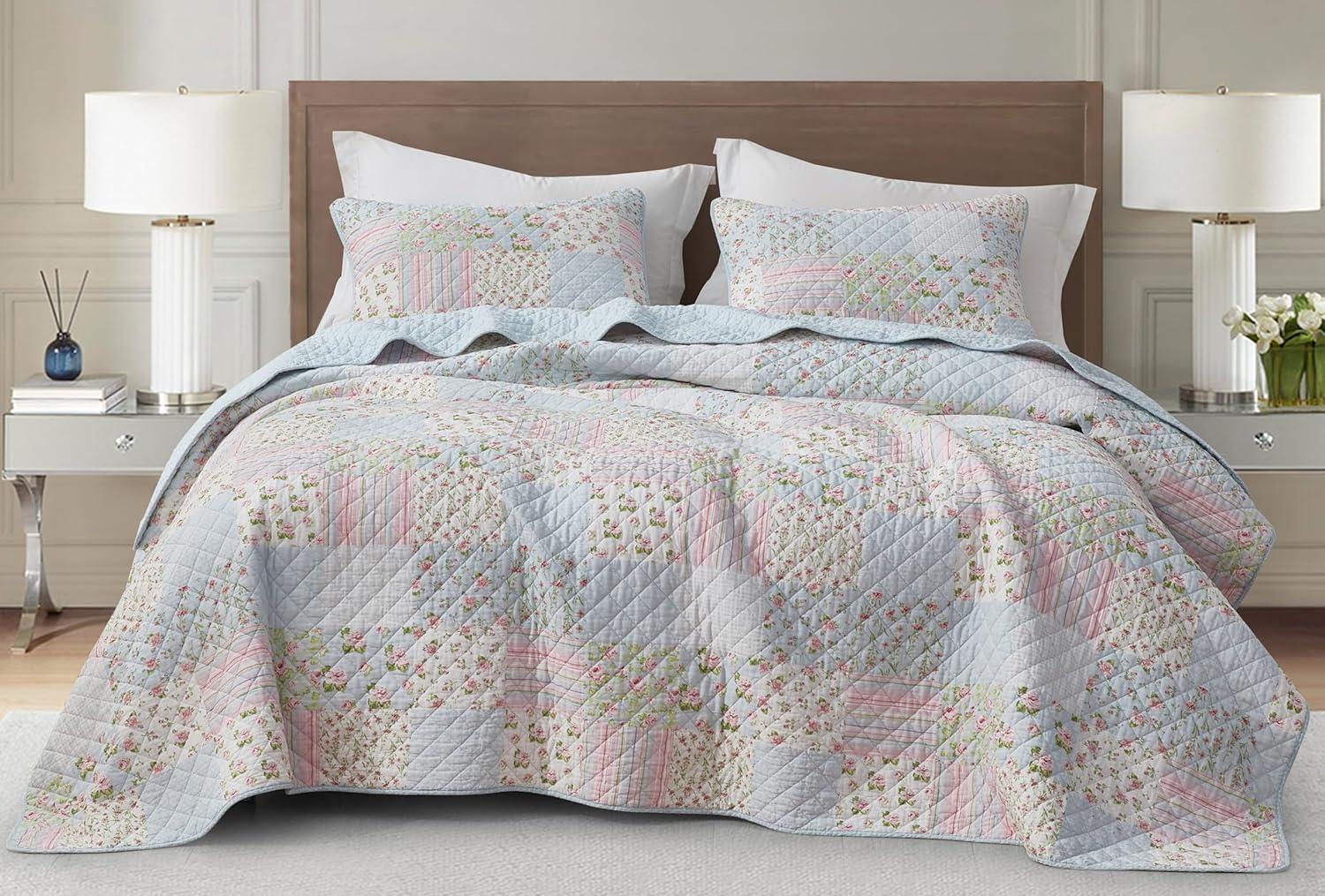 Chezmoi Collection Holly 3-Piece Stone-washed Cotton Quilt Set King Size - Printed Floral Patchwork Soft Breathable Lightweight Bedspread Set