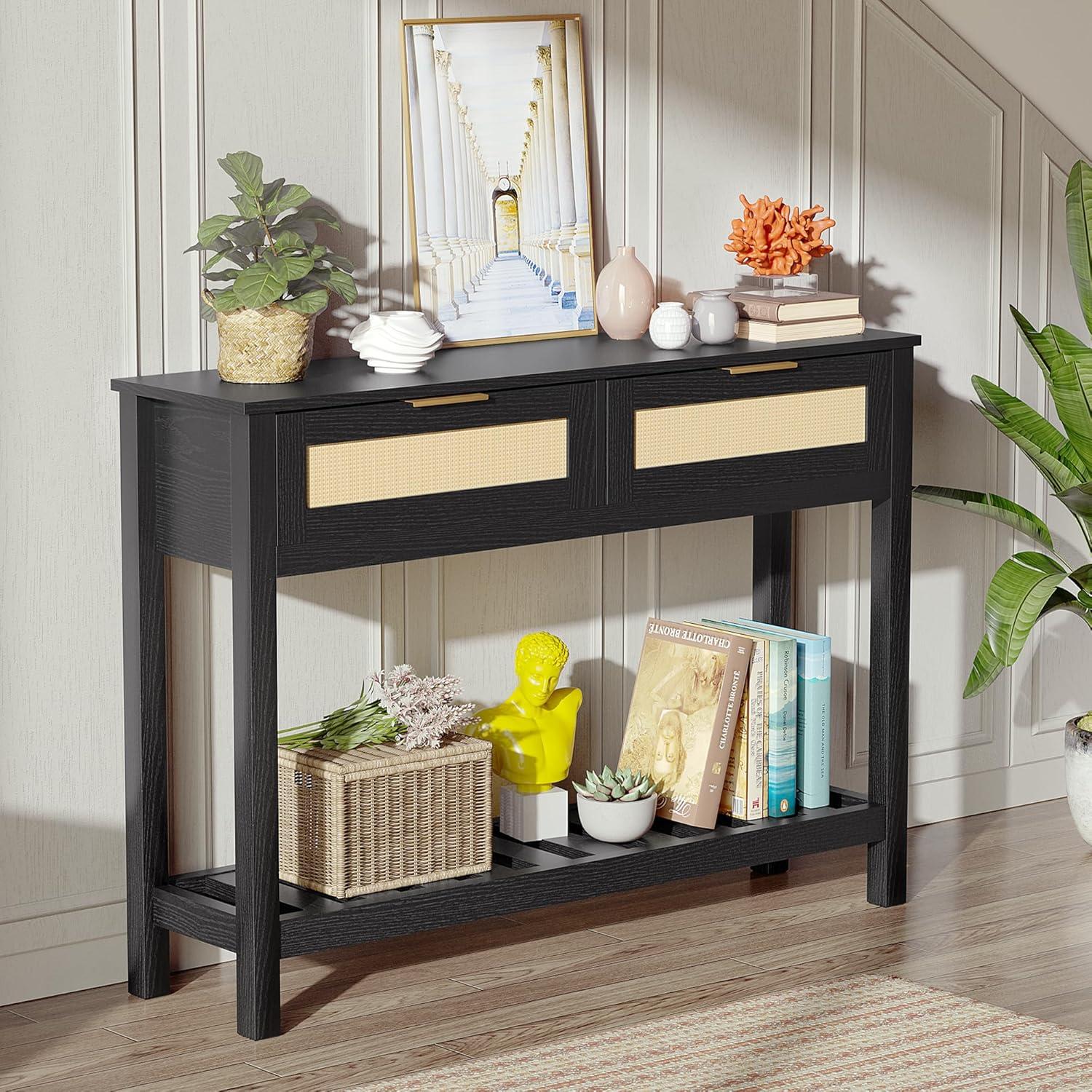 Console Tables with 2 Drawers,Rattan Entryway Table with Storage Shelf,Wood Boho Foyer Tables for Entryway,Farmhouse Console Tables for Living Room,Hallway, Sofa Table,Study Or TV Wall