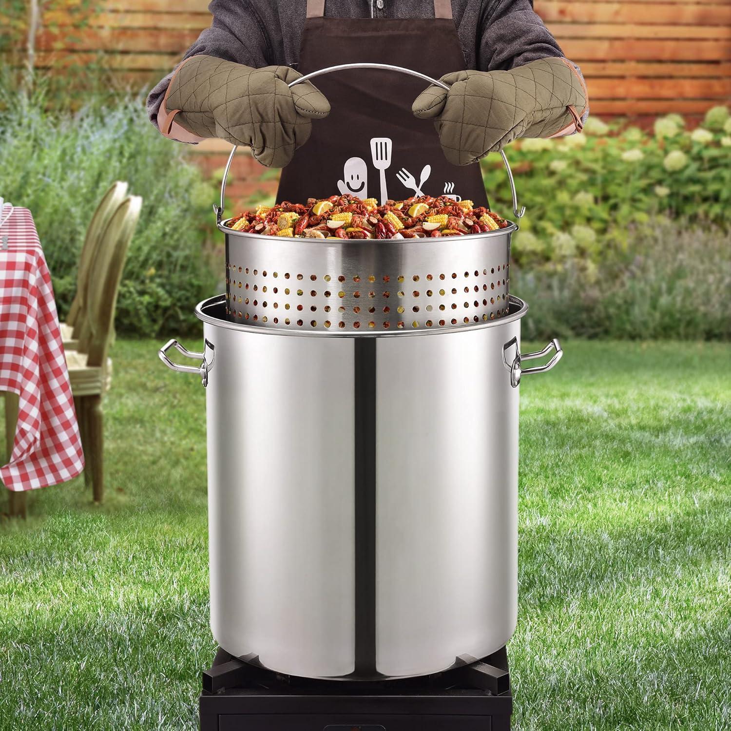 ARC 64QT-16 Gallon Professional Stainless Steel Stock Pot with Lid Turkey Fryer Backyard Pot Crawfish Pot with Strainer Basket