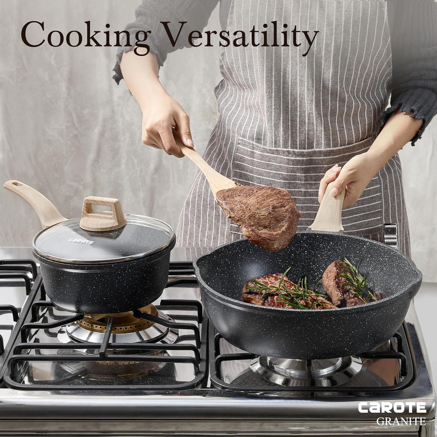 Granite Nonstick Deep Frying Pan with Lid and Wooden Handle