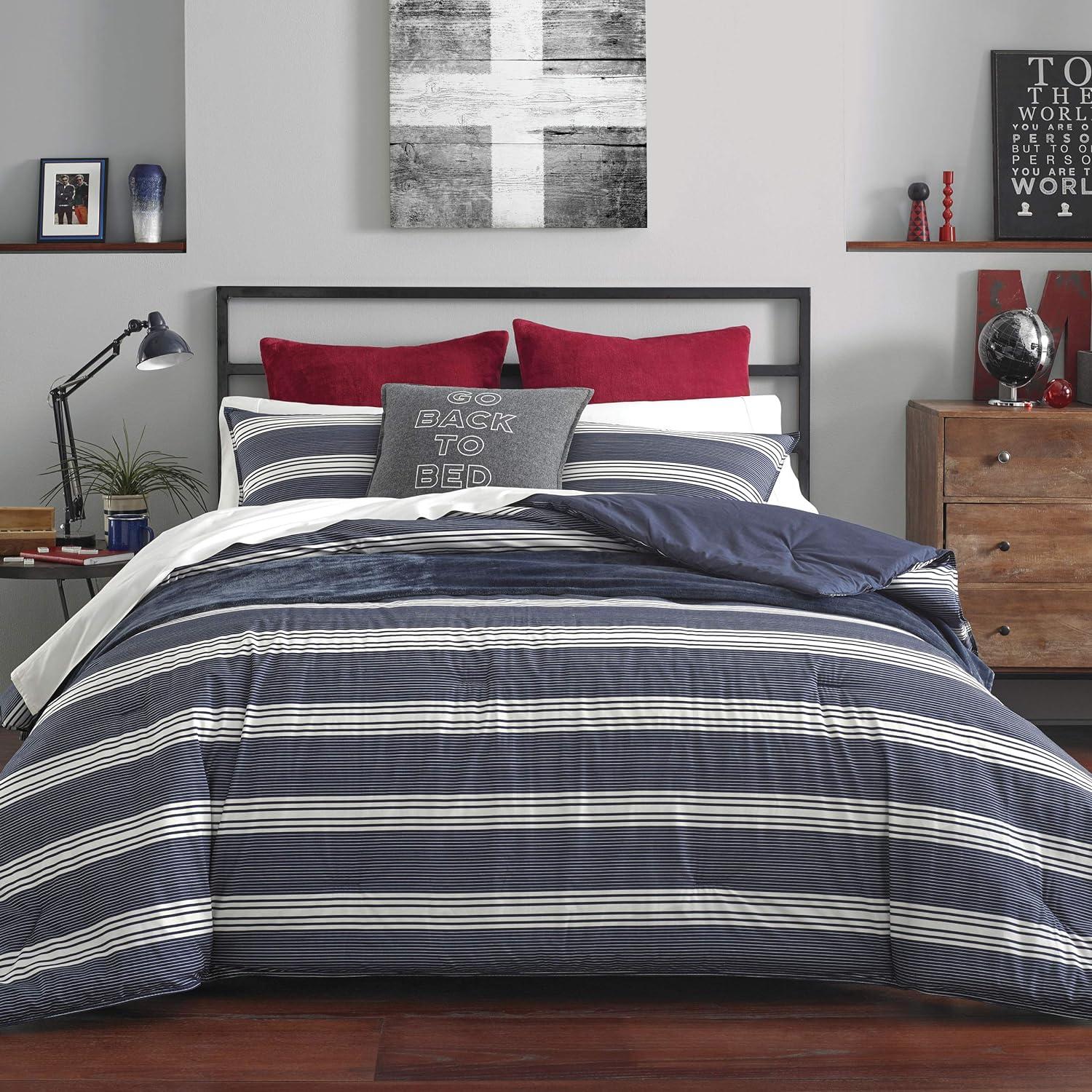 Navy and White Striped Cotton King Duvet Cover Set